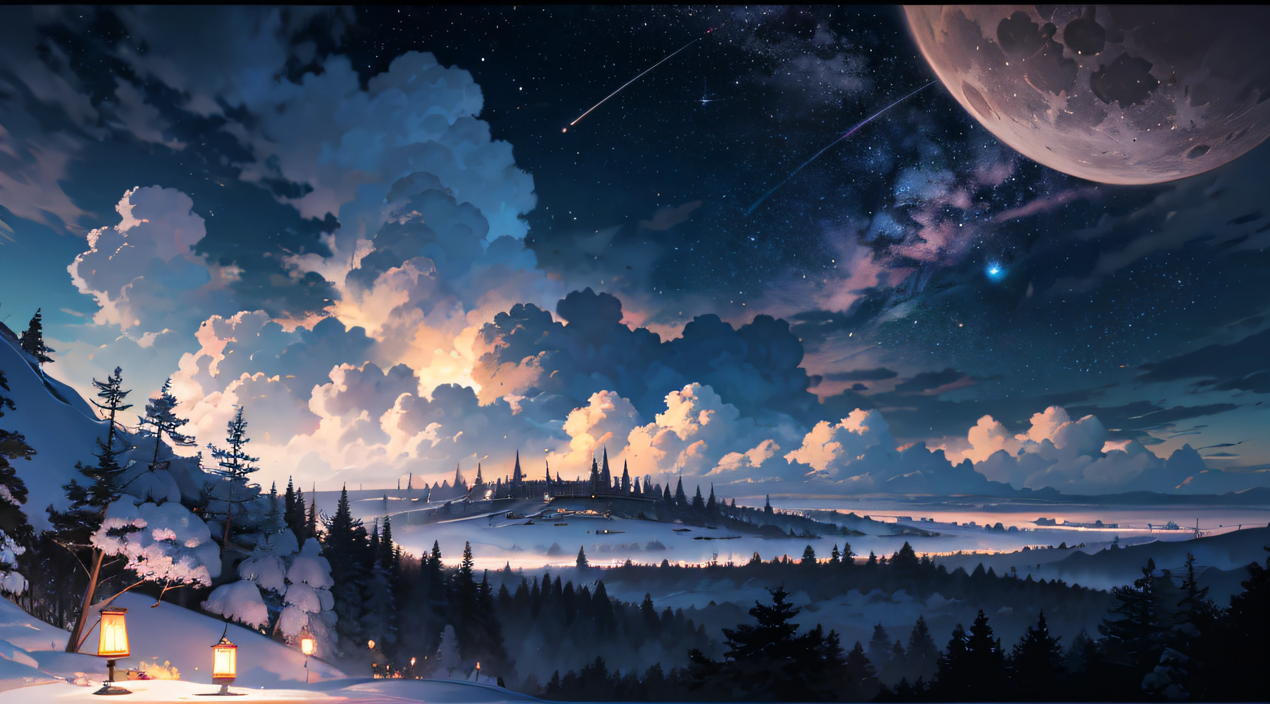 Expansive landscape photograph,(moon full:1.2),(meteors:0.9),(Starcloud:1.3),(Warm light source:1.2),(glowworm:1.2),lamp lights,Lots of purple and orange,Complicated details,Volumetriclighting,Realism BREAK(tmasterpiece:1.2),(best qualtiy),8K,Ultra-detailed,(dynamic compositions:1.4),The is very detailed,Colorful details,(Irridescent color:1.2),(luminouslighting,Atmospheric lighting),dream magical,magical,(独奏:1.2),((best qualtiy)), ((tmasterpiece)), (the detail:1.4),depth of fields,maximum definition and sharpness,perfectly proportions,Fluttering clouds,Wallpapers