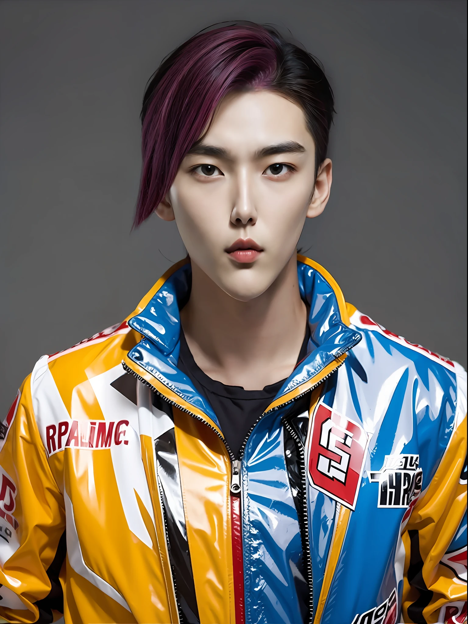 A 16-year-old male high school student，Wearing PVC red racing costume，Blue mid-split hair style