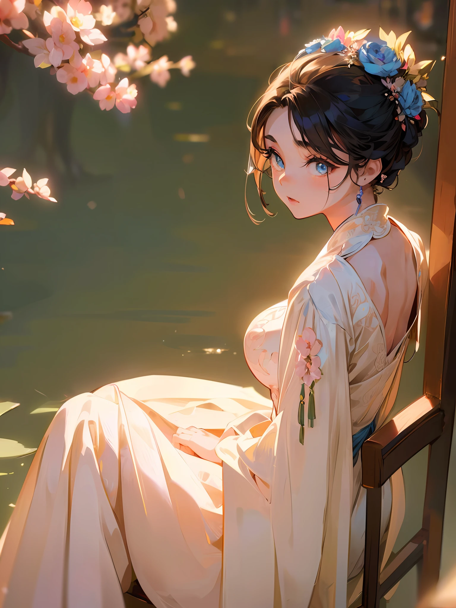 (((Masterpiece, Best quality, illustration, Extremely detailed, 8K, 4K, 2K))), (Beautiful eyes:1.5),1 beautiful young girl,13yo,Cute,detailed large blue eyes,Detailed eyes,Pink cheeks,Delicate blue Chinese dress,full bodyesbian,looking at viewert,posing on a,Sit in an old chair,