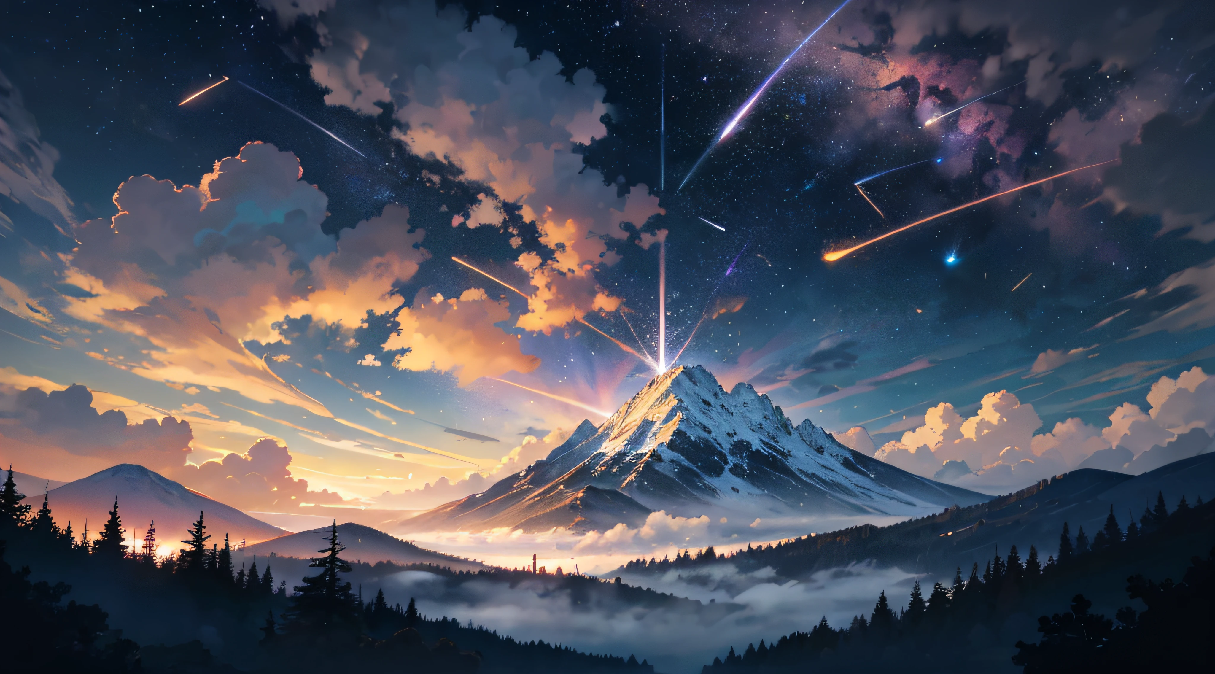 Expansive landscape photograph,(moon full:1.2),(meteors:0.9),(Starcloud:1.3),(Warm light source:1.2),(glowworm:1.2),lamp lights,Lots of purple and orange,Complicated details,Volumetriclighting,Realism BREAK(tmasterpiece:1.2),(best qualtiy),8K,Ultra-detailed,(dynamic compositions:1.4),The is very detailed,Colorful details,(Irridescent color:1.2),(luminouslighting,Atmospheric lighting),dream magical,magical,(独奏:1.2),((best qualtiy)), ((tmasterpiece)), (the detail:1.4),depth of fields,maximum definition and sharpness,perfectly proportions,Fluttering clouds,Wallpapers