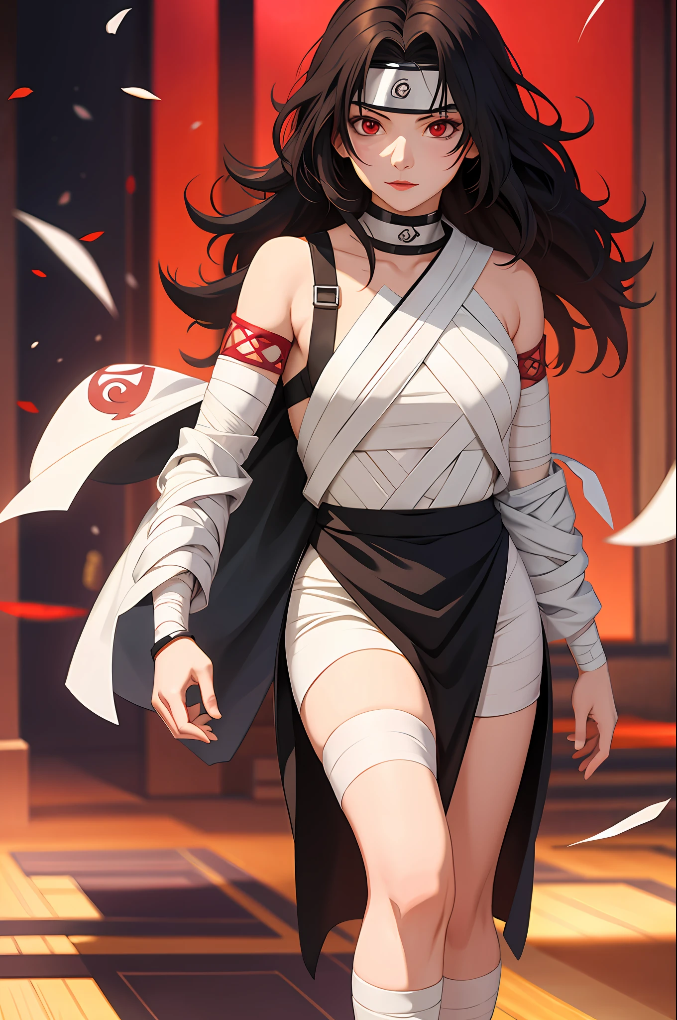 nar_kurenai_yuhi,forehead protector,bandages, full body,red eyes, wariza