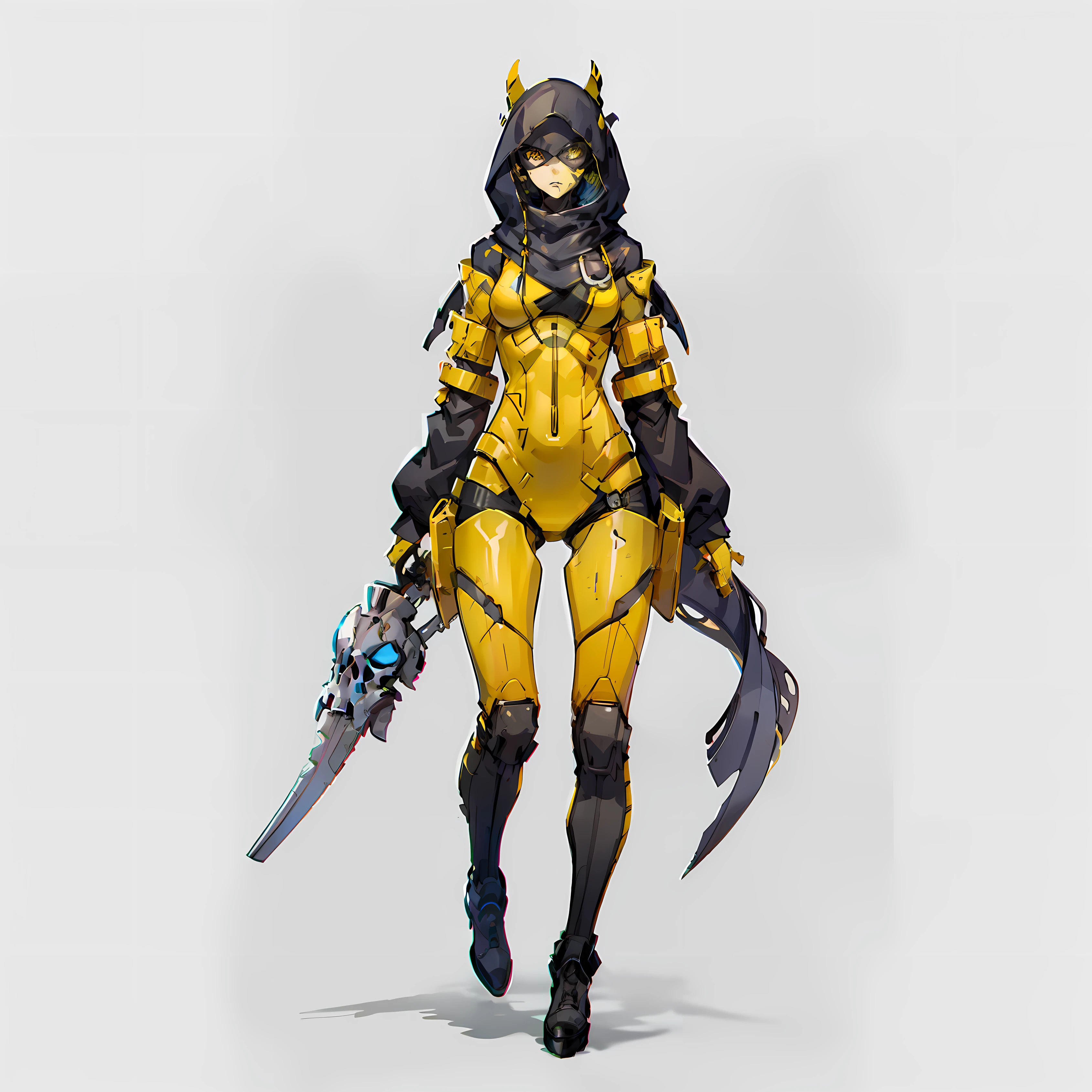 Female, No background, White background, Black skin color, Steel-like body, Yellow eyes, Cool,One Person, Wide Shot, long boots, skull mask