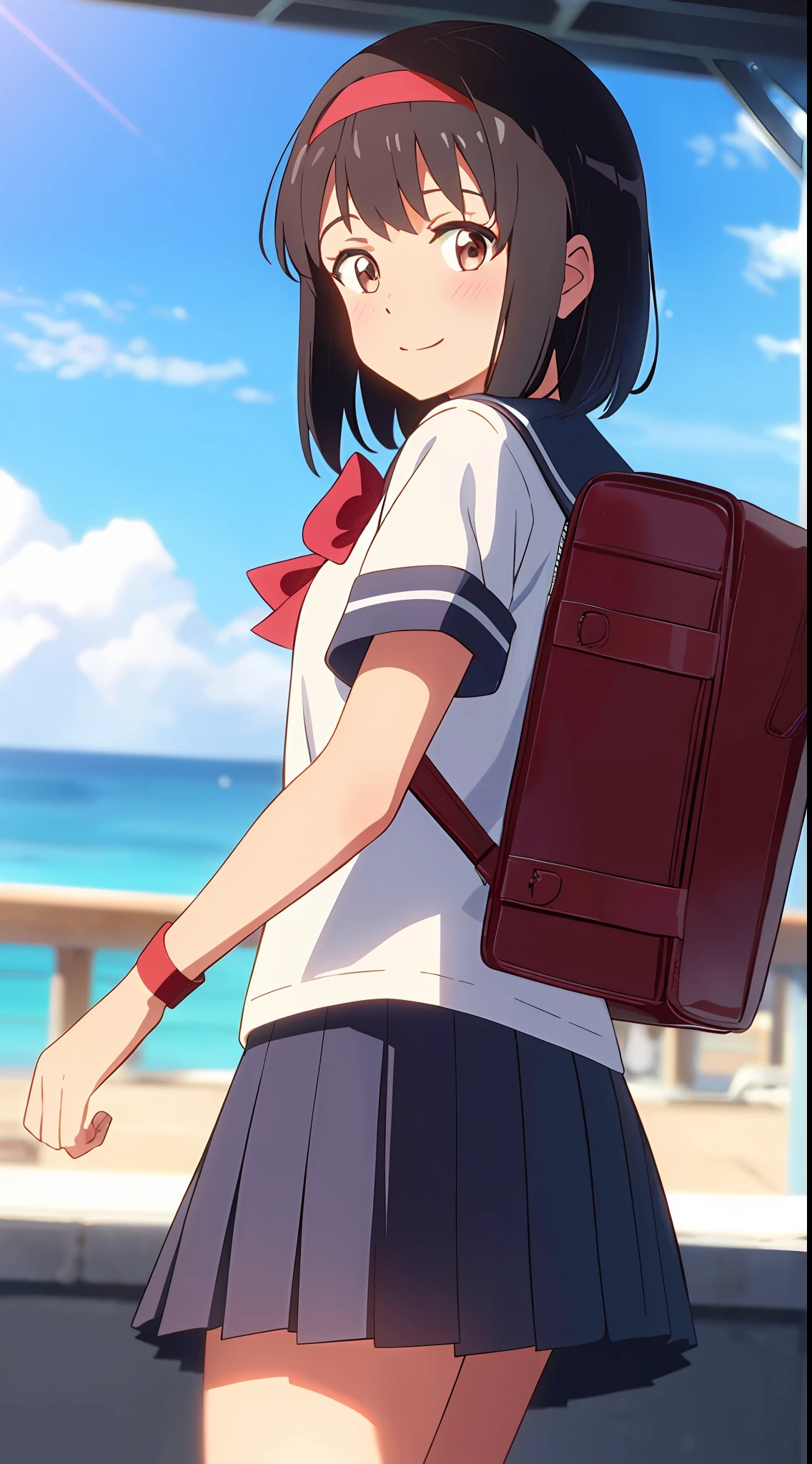 shinkai makoto, kimi no na wa., 1girl, bangs, black hair, blush, brown eyes, sky, cloud, sailor collar, blue sailor collar, sailor color, white sailor color, serafuku, looking at the viewer, outdoors, red headband, red ribbon, red bow, school uniform, short hair, smile, solo, shirt, blue skirt, pleated skirt, short sleeves, school backpack