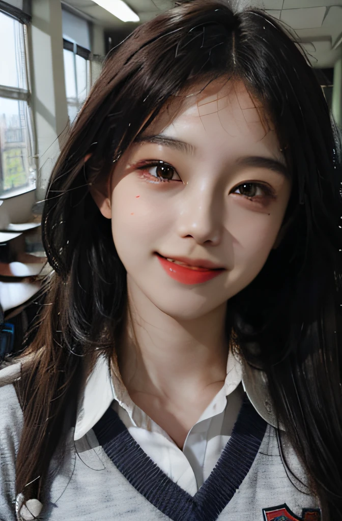 Kizi,school ground,looking at viewert,brunette color hair,HighestQuali,real looking skin,The upper part of the body,inside a classroom,JK school uniform,attractive smile,eyes with brightness,Ray traching