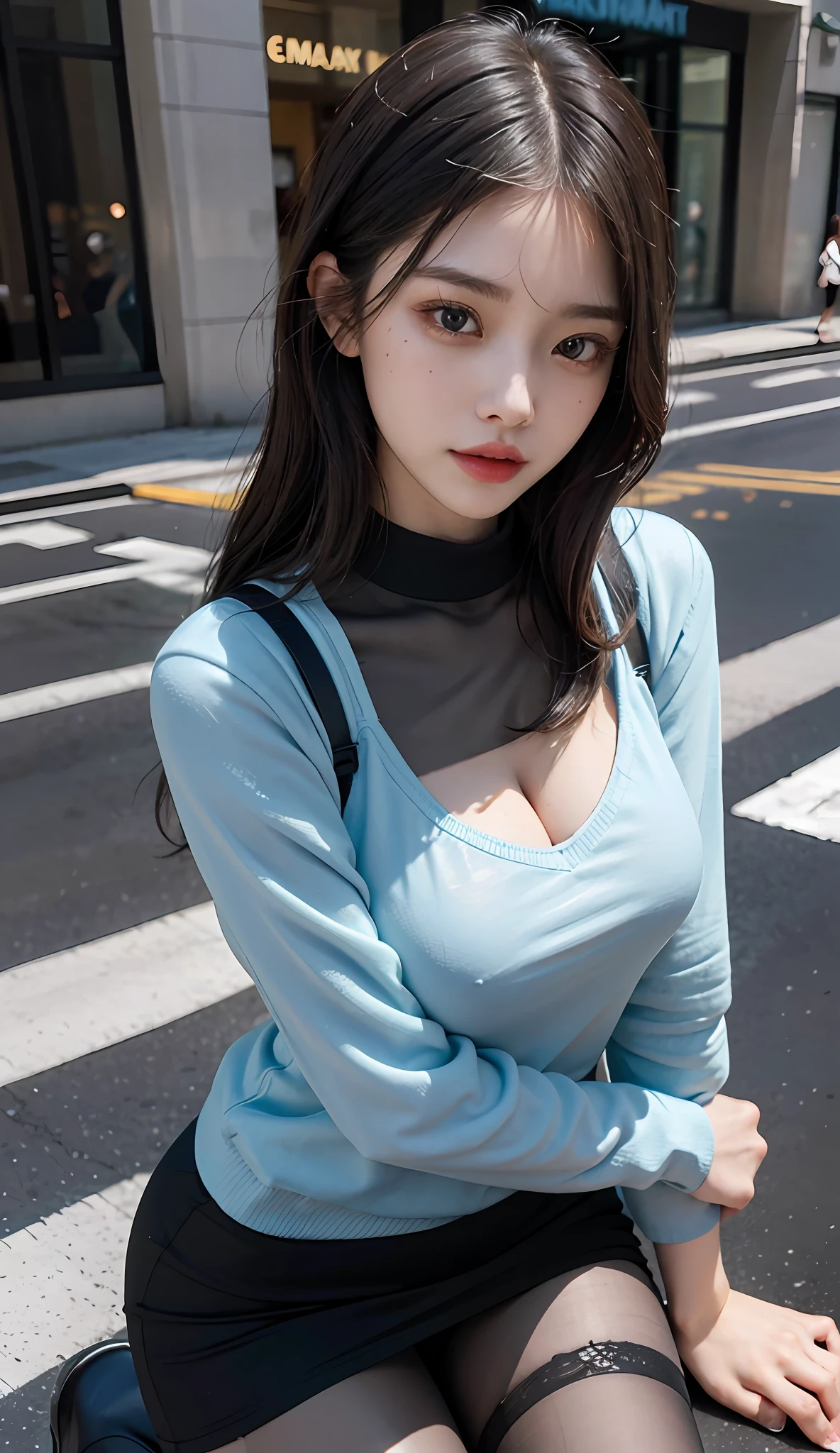 best qualtiy,tmasterpiece,超高分辨率,RAW photogr,Beautiful and beautiful,deep shading,dark themes,(realisticlying:1.4),
1girll, lacepantyhose,Suspenders
Intricate Zen motifs,A single female figure,astonishinglevelofdetail,A gift for generosity,portrait composition,Striking perspective,A masterpiece of chaos,Elegantly composed,inspired by brutalist architecture,vibrant paint palette,Background,Larissa Manoban,,She is seen wearing streetwear pieces, lofi girl aesthetic, Surrealism female students, Cute face,eye detailed,Delicate eyes,Realistis,hyper realisitc,vivaciousness,sexyposture,Urban streetscape,the city street,Blue,Sweatshirt,Sweet expression,cuteexpression,Full of love,sexyposture,Raised sexy,Super sexy,Full-figured,Bigchest,extremely large bosom,Raised chest,chest baring,Slender legs and chest,entire body image,Elongated legs,Bare body