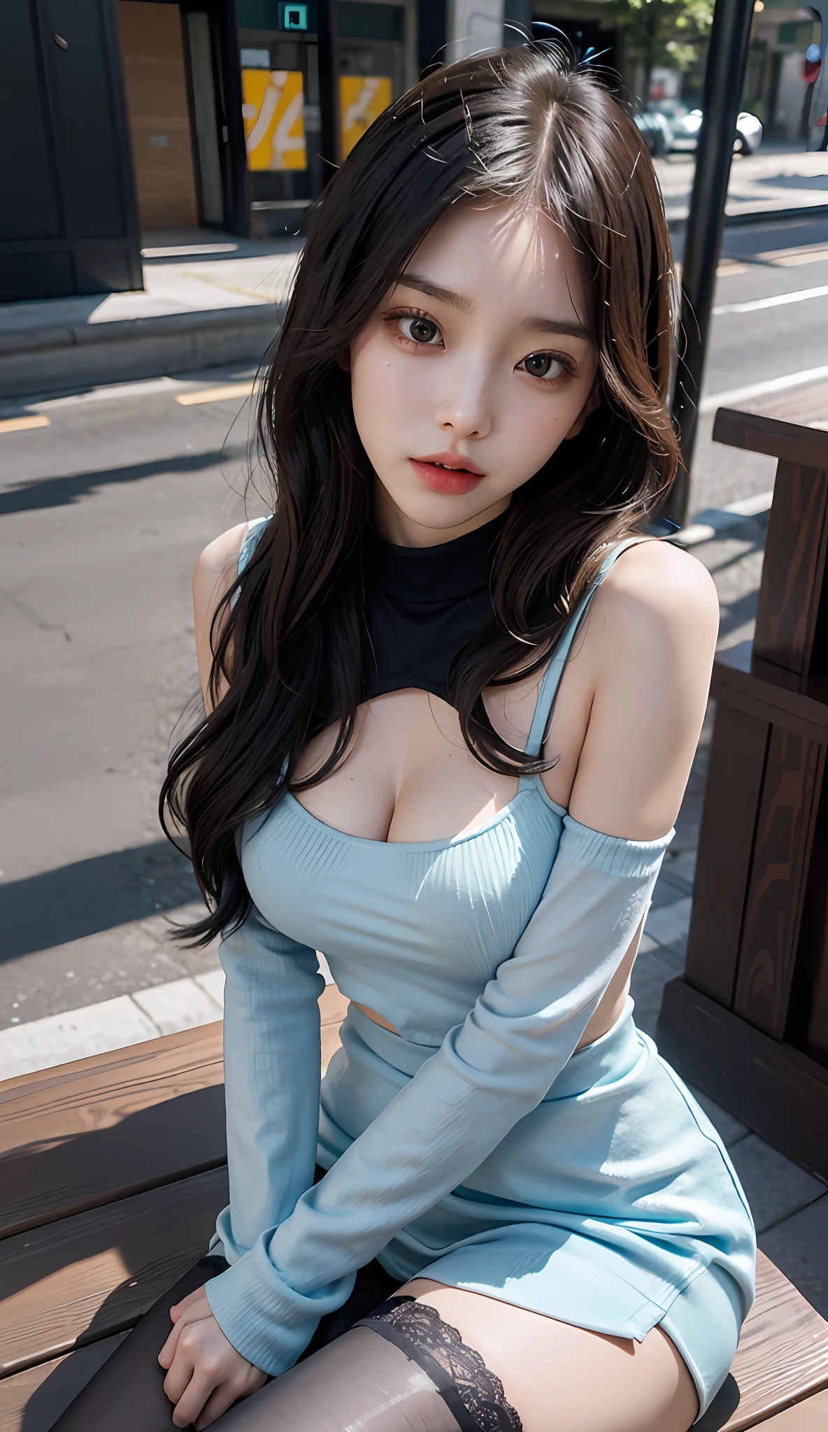 best qualtiy,tmasterpiece,超高分辨率,RAW photogr,Beautiful and beautiful,deep shading,dark themes,(realisticlying:1.4),
1girll, lacepantyhose,Suspenders
Intricate Zen motifs,A single female figure,astonishinglevelofdetail,A gift for generosity,portrait composition,Striking perspective,A masterpiece of chaos,Elegantly composed,inspired by brutalist architecture,vibrant paint palette,Background,Larissa Manoban,,She is seen wearing streetwear pieces, lofi girl aesthetic, Surrealism female students, Cute face,eye detailed,Delicate eyes,Realistis,hyper realisitc,vivaciousness,sexyposture,Urban streetscape,the city street,Blue,Sweatshirt,Sweet expression,cuteexpression,Full of love,sexyposture,Raised sexy,Super sexy,Full-figured,Bigchest,extremely large bosom,Raised chest,chest baring,Slender legs and chest,entire body image,Elongated legs,Bare body
