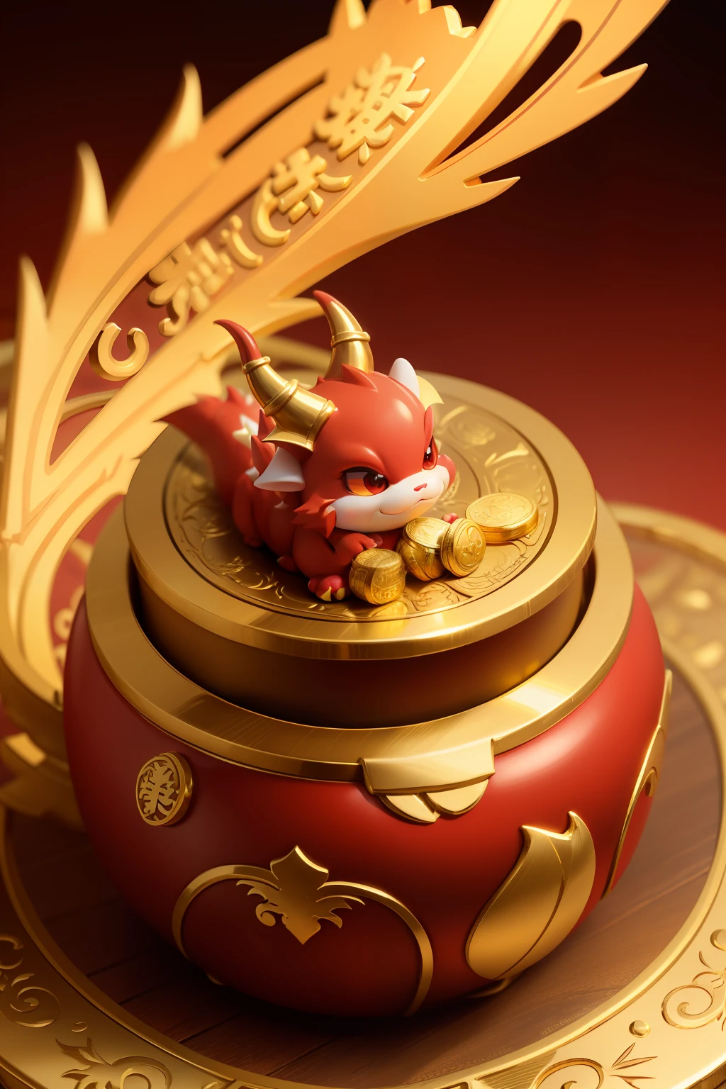 There is a cartoon cute dragon in the middle part,Year of the Dragon theme,Golden red color scheme,"Wealth rolling" greetings on both sides,There are gold ingots all around,Coins,8k,UE5