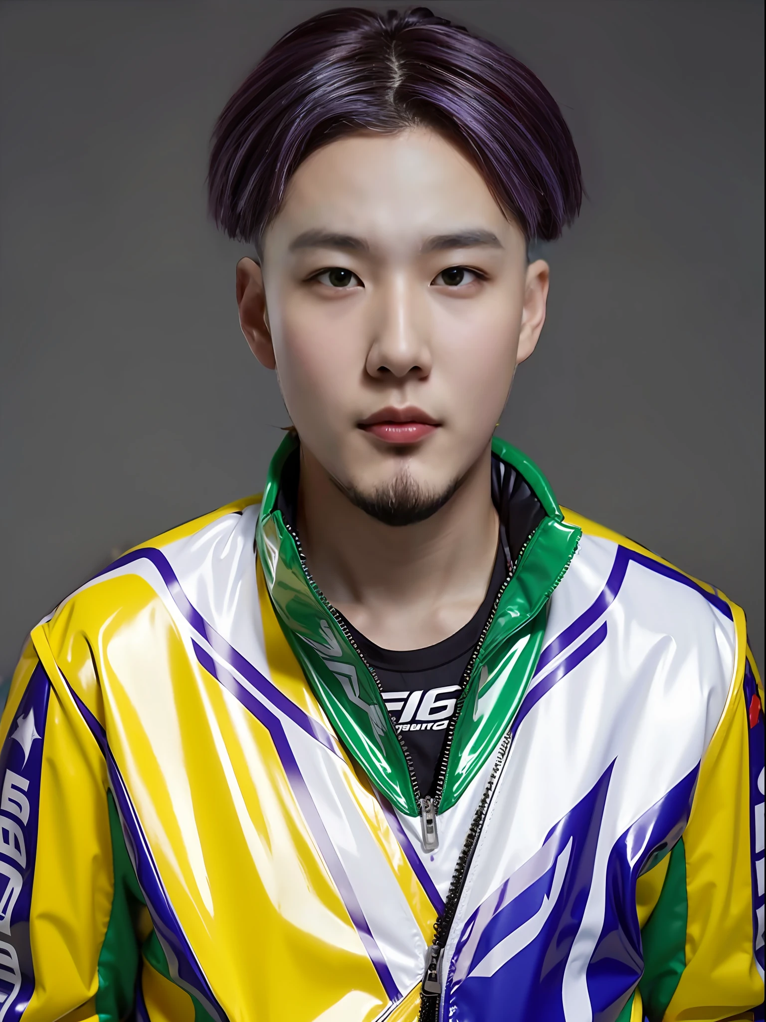A 16-year-old male high school student，Wearing PVC red racing costume，Purple-green medium hair style，Micro-dyeing