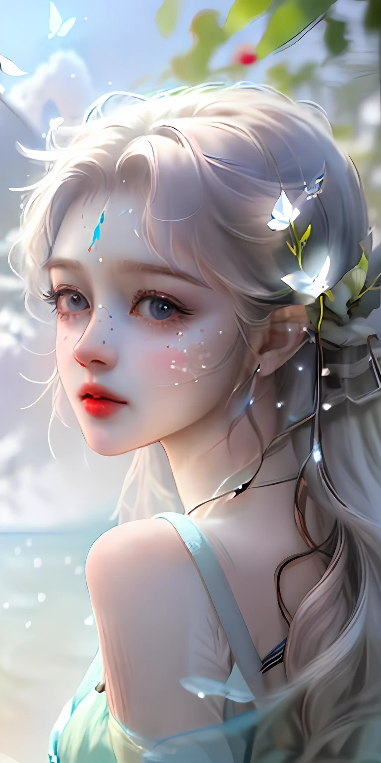 Masterpiece, best quality, (very detailed CG unity 8k wallpaper) (best quality), (best illustration), (best shadows) Nature', blue sea,delicate leaves petals of various colors falling in the air light Tracking, super detailed --v6