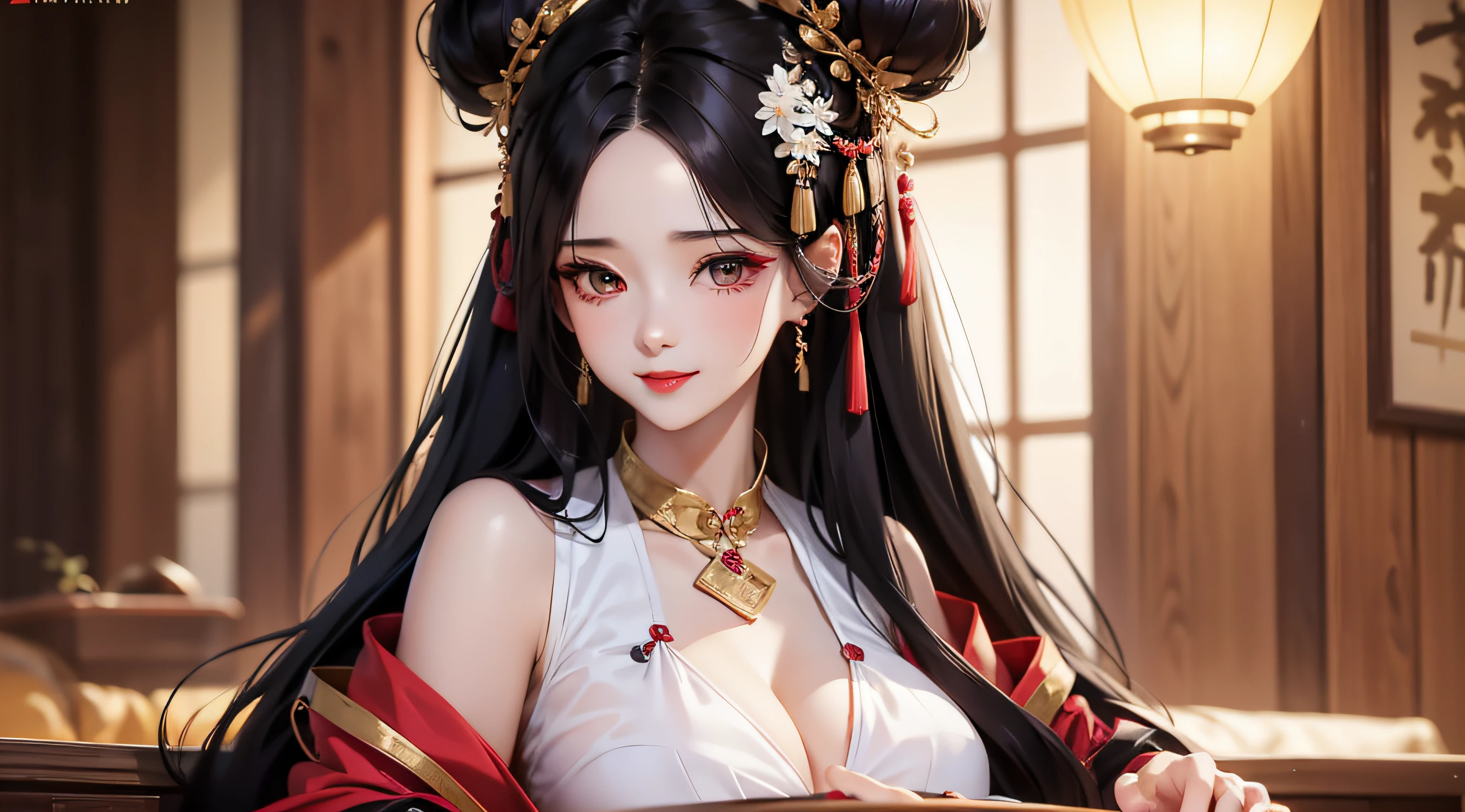 1female，huge tit，brunette color hair，ssmile，（Hanfu），Hanfu，（Open your clothes），Redlip，耳Nipple Ring，florals，hair adornments，jewelry，long whitr hair，Look at the audience，choker necklace，Portrait，ssmile，独奏，A half body，（Shiny skin）， （tmasterpiece：1.4），（best qualtiy：1.4）