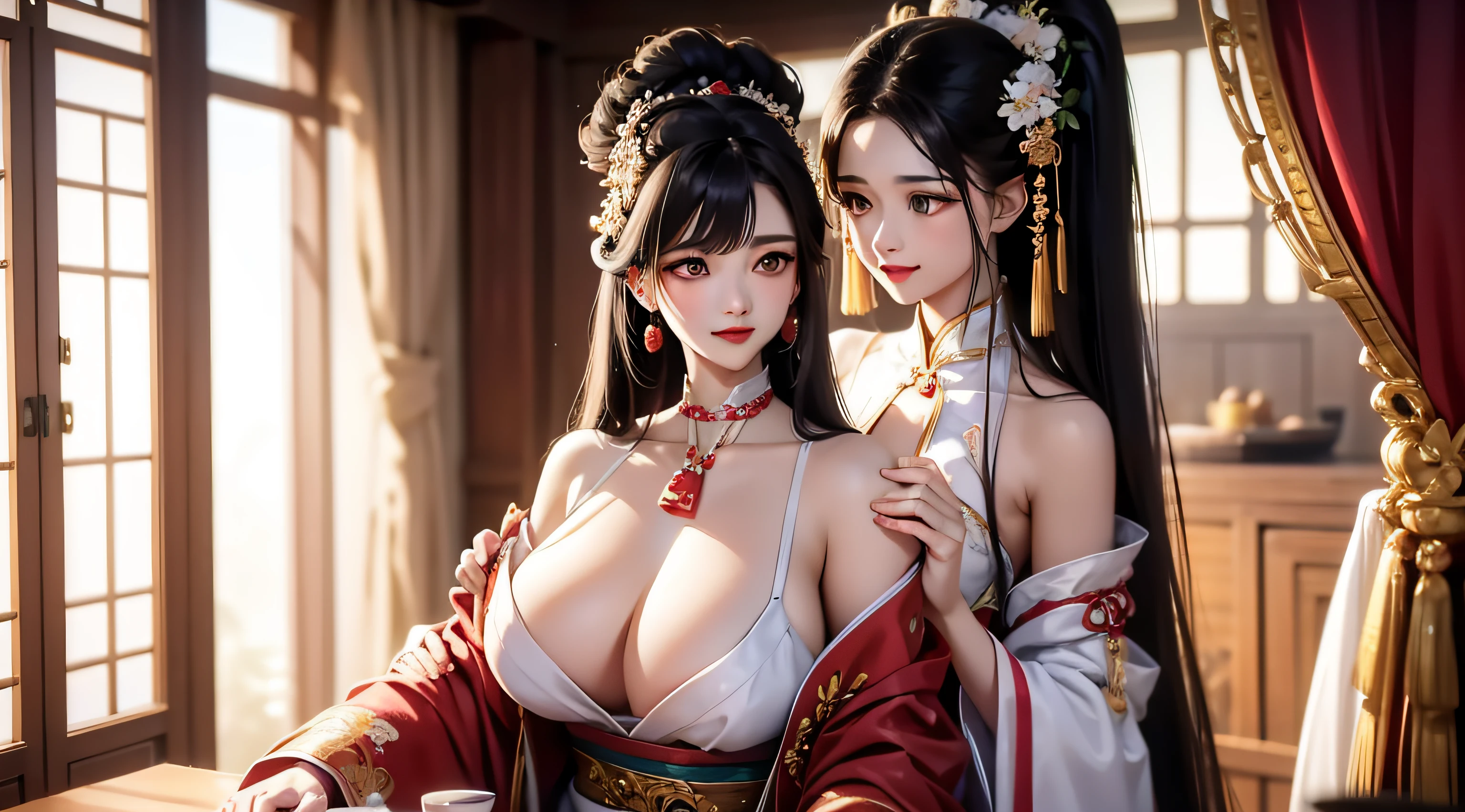 1female,huge tit,brunette color hair,ssmile,(Hanfu),Hanfu,(Open your clothes),Redlip,耳Nipple Ring,florals,hair adornments,jewelry,long whitr hair,Look at the audience,choker necklace,Portrait,ssmile,独奏,A half body,(Shiny skin), (tmasterpiece:1.4),(best qualtiy:1.4)