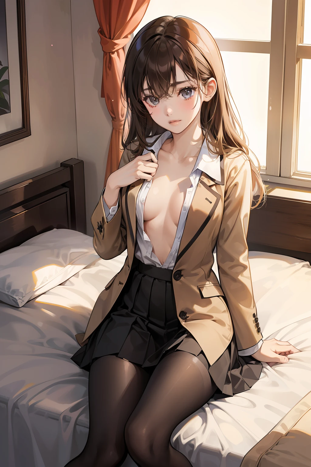 hi-school girl、on the beds、brownish hair、校服、(Brown blazer)、Ribbon Ties、(barechested:1.4)、(Black tights)、​masterpiece、highcontrast、cinematlic lighting、Detailed shading、top-quality、Top image quality