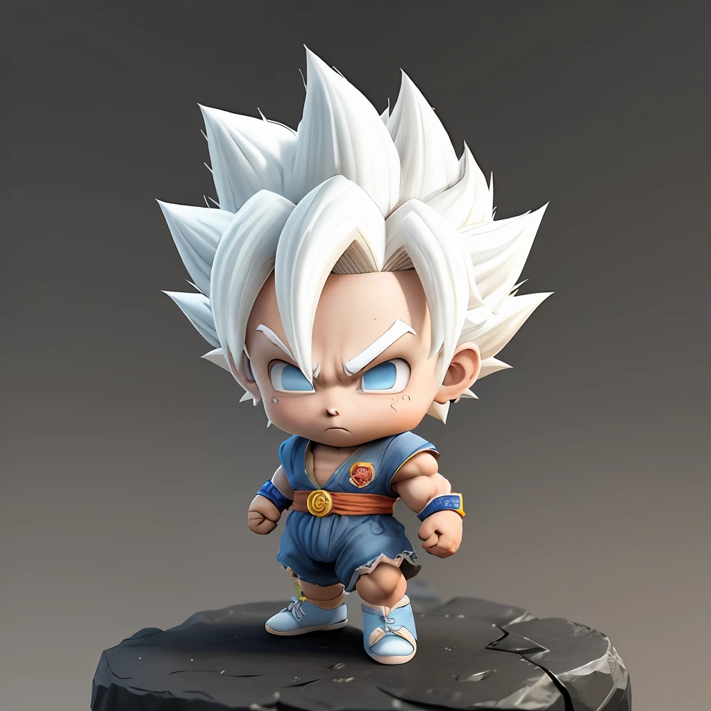 Goku, super saiyan, exquisite hair, arm depiction, white and blue hair body, exquisite shoes, eye depiction, exquisite hair, popmart blind box, clay texture, stepping on the land, black and white background, natural lighting, most good quality, super detail, 3D art, c4d, OC renderer, 3D rendering, 8k