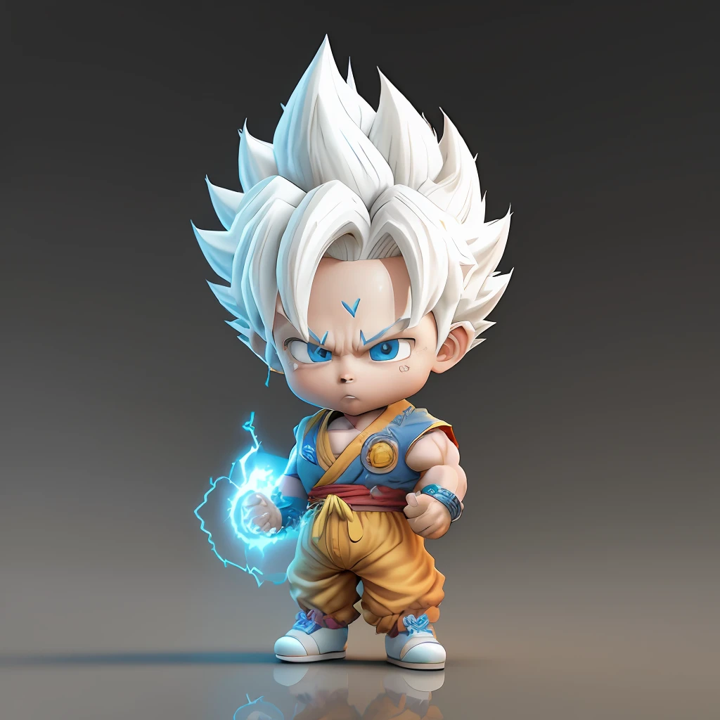 Goku, super saiyan, exquisite hair, arm depiction, white and blue hair body, exquisite shoes, eye depiction, exquisite hair, popmart blind box, clay texture, stepping on the land, black and white background, natural lighting, most good quality, super detail, 3D art, c4d, OC renderer, 3D rendering, 8k