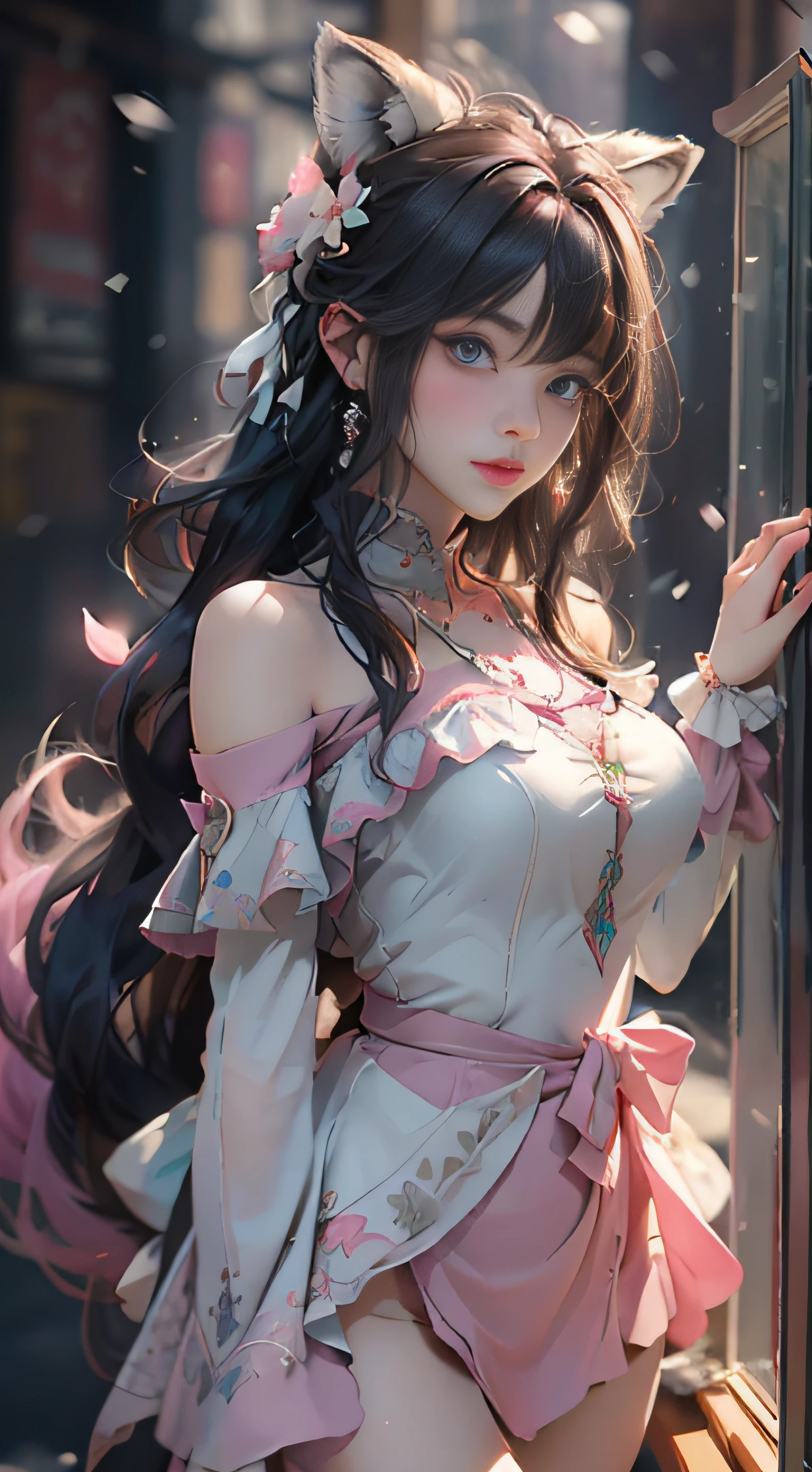 （（best qualtiy））， （（tmasterpiece））， （detail：1.4）， Beautiful cyberpunk female images，hdr（HighDynamicRange），Ray traching，NVIDIA RTX，Hyper-Resolution，illusory 5，sub surface scattering，PBR textures，post-proces，Anisotropy Filtering，depth of fields，maximum definition and sharpness，Many-Layer Textures，Albedo e mapas Speculares，Surface coloring，Mitsu-Accurate simulation of material interactions，perfectly proportioned，rendering by octane，Two-colored light，largeaperture，Low ISO，White balance，Rule three points、8K raw data、Beautiful bright blue pupils，off-the-shoulder clothes，Fine pupils，Delicate face and eyes，long eyelasher，Blushlush，Delicate and fluffy hair，pink lip，Pure，Cute face，Sweet girl，Artistic sense，Casual wear，Advancedsense，butterflys，Cherry blossom petal，Beautiful hair accessories，Long hair and waist，Hair fluttering in the wind，Snow-white fox ears，curlies，Snow-white fluffy tail，Positive light，The light from the back window is backlighted