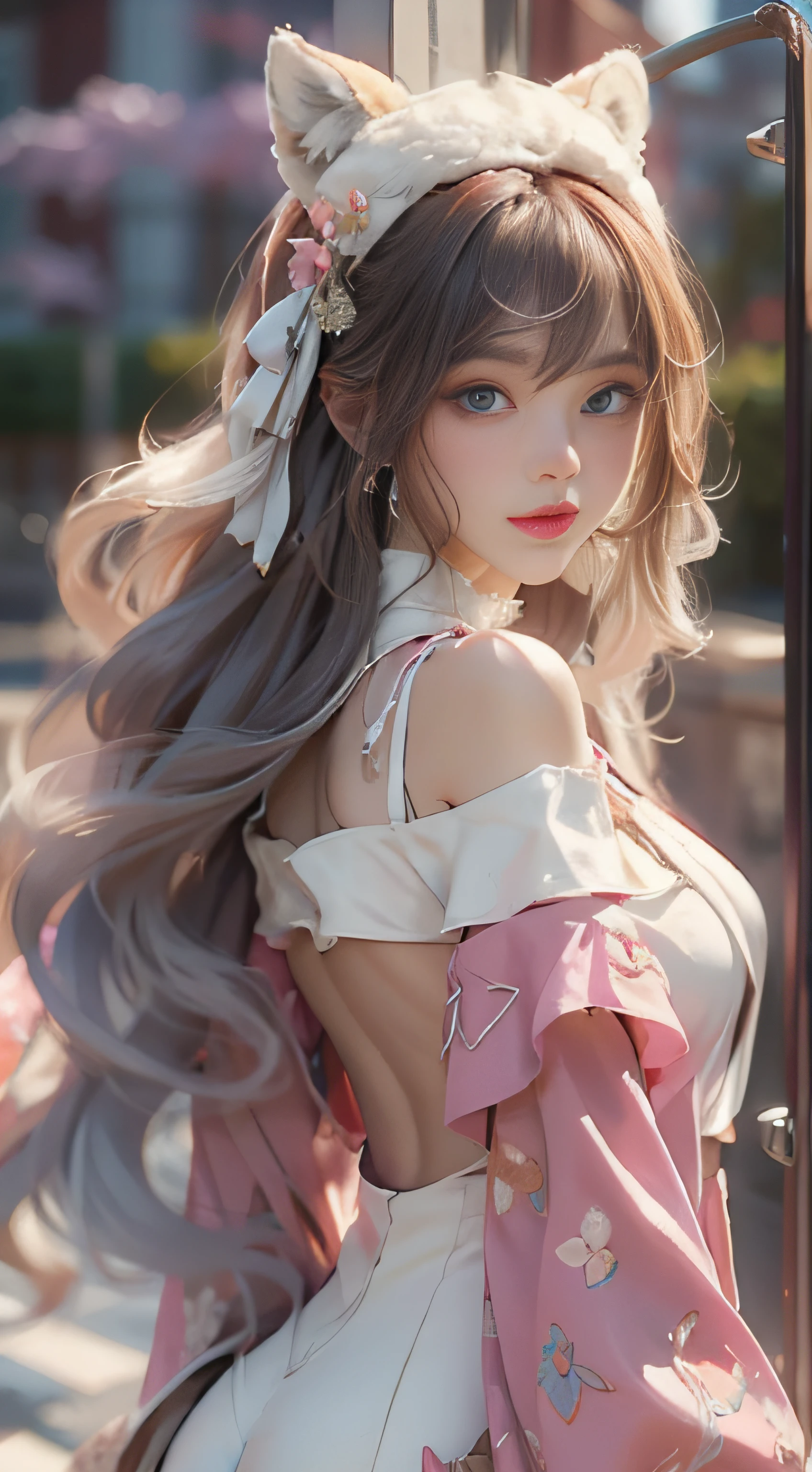 ((best qualtiy)), ((tmasterpiece)), (detail:1.4), Beautiful cyberpunk female images,hdr(HighDynamicRange),Ray traching,NVIDIA RTX,Hyper-Resolution,illusory 5,sub surface scattering,PBR textures,post-proces,Anisotropy Filtering,depth of fields,maximum definition and sharpness,Many-Layer Textures,Albedo e mapas Speculares,Surface coloring,Mitsu-Accurate simulation of material interactions,perfectly proportioned,rendering by octane,Two-colored light,largeaperture,Low ISO,White balance,Rule three points、8K raw data、Beautiful bright blue pupils,off-the-shoulder clothes,Fine pupils,Delicate face and eyes,long eyelasher,Blushlush,Delicate and fluffy hair,pink lip,Pure,Cute face,Sweet girl,Artistic sense,Casual wear,Advancedsense,butterflys,Cherry blossom petal,Beautiful hair accessories,Long hair and waist,Hair fluttering in the wind,Snow-white fox ears,curlies,Snow-white fluffy tail,Positive light,The light from the back window is backlighted