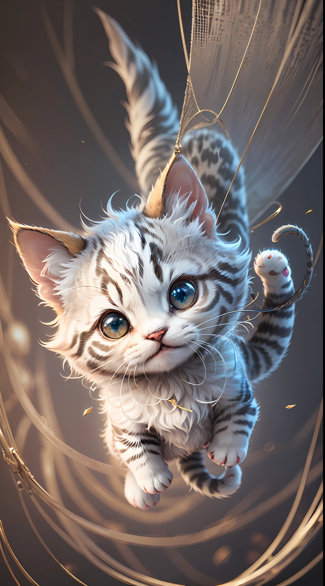 A cute metallic white fur kitten，(Cyborg:1.1)，([Tail|detailed wire]:1.3)，(complexdetails)，hdr，(complexdetails，ultra - detailed:1.2)，Cinema lenses，Halo shadow，at centre，White-haired kitten！！！，red colour，ssmile，Funny，crystal，brightly，shaggy，Floating in mid-air