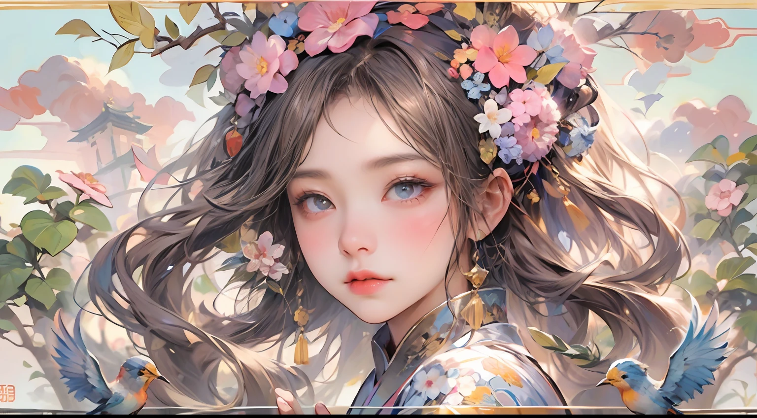 a mural of chinese girl,beautiful eyes,dance,full body,Chinese mythology,flower,auspicious clouds,tree,bird,off-color,lococo,（high quality，extremely detailed，8k：1.5）