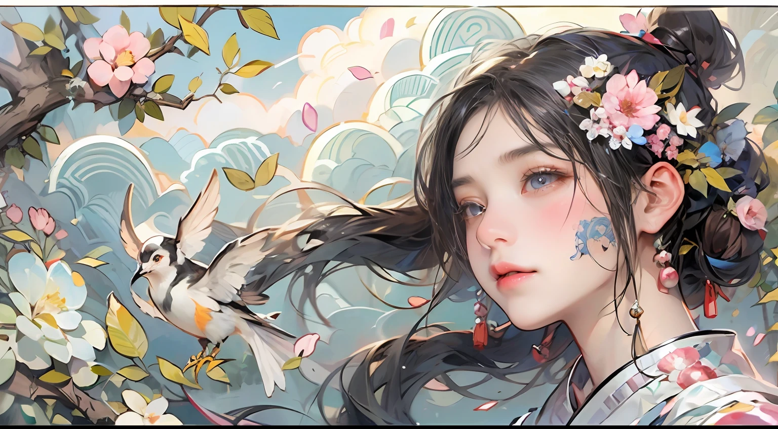 a mural of chinese girl,beautiful eyes,dance,full body,Chinese mythology,flower,auspicious clouds,tree,bird,off-color,lococo,(high quality,extremely detailed,8k:1.5)
