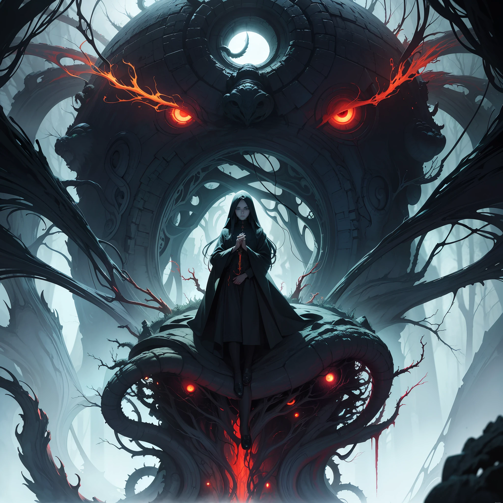methurlant, fantasy, Cyber Moon, Crystal Space, fiery, (Intricate, Atmospheric, Surreal, grittiness, Cinematic, Stylized, Contrast, Comic, eerie, Stylized, scybernetic, Futuristic, dystopian), dawn, art-deco, (Auxiliary color:1.1), (Perspective:1.1) , Ultra detailed, Intricate, oil on the canvas, Dry brush, (surrealism:1.1), (Disturbing:1.1), Cthulhu, Lovecraft Culhu, lovecraftian style, Cthulhu worship, ancient artifacts, Beautiful entity, Gradient color, jungles, The Cross of the Antichrist, St. Peter's Cross, Dynamic pose, piercing glowing eyes, Green eyes, Flame on the eyes, Flame Eye, Neon green eyes, (Digital illustration, duy huynh ), Jackson Pollock (Masterpiece, Best quality, Beautiful and aesthetic:1.2), Cinematic, Best quality, Detailed, Highest quality, Ultra detailed, A high resolution, Cinematic light, Splendid and colorful, Out of focus, RAW photogr, art portrait, High contrast, Colorful, highest details, Neon color, Red veins grow and intertwine in the dark, Oozing thick red blood, Venous growth and pumping, The vascular network is constantly growing, connections, Sprawl, There are red veins everywhere, Zdzislaw Beksinski, Mind Destroyer, (pastel colour:1.1), (repeated:1.1), (crosshatching:1.1), (infrared:1.2), Yellow rust, Hypercube is ultra-detailed, Intricate, oil on the canvas, ((Dry brush, ultrasharp)), (surrealism:1.1), (Disturbing:1.1)
