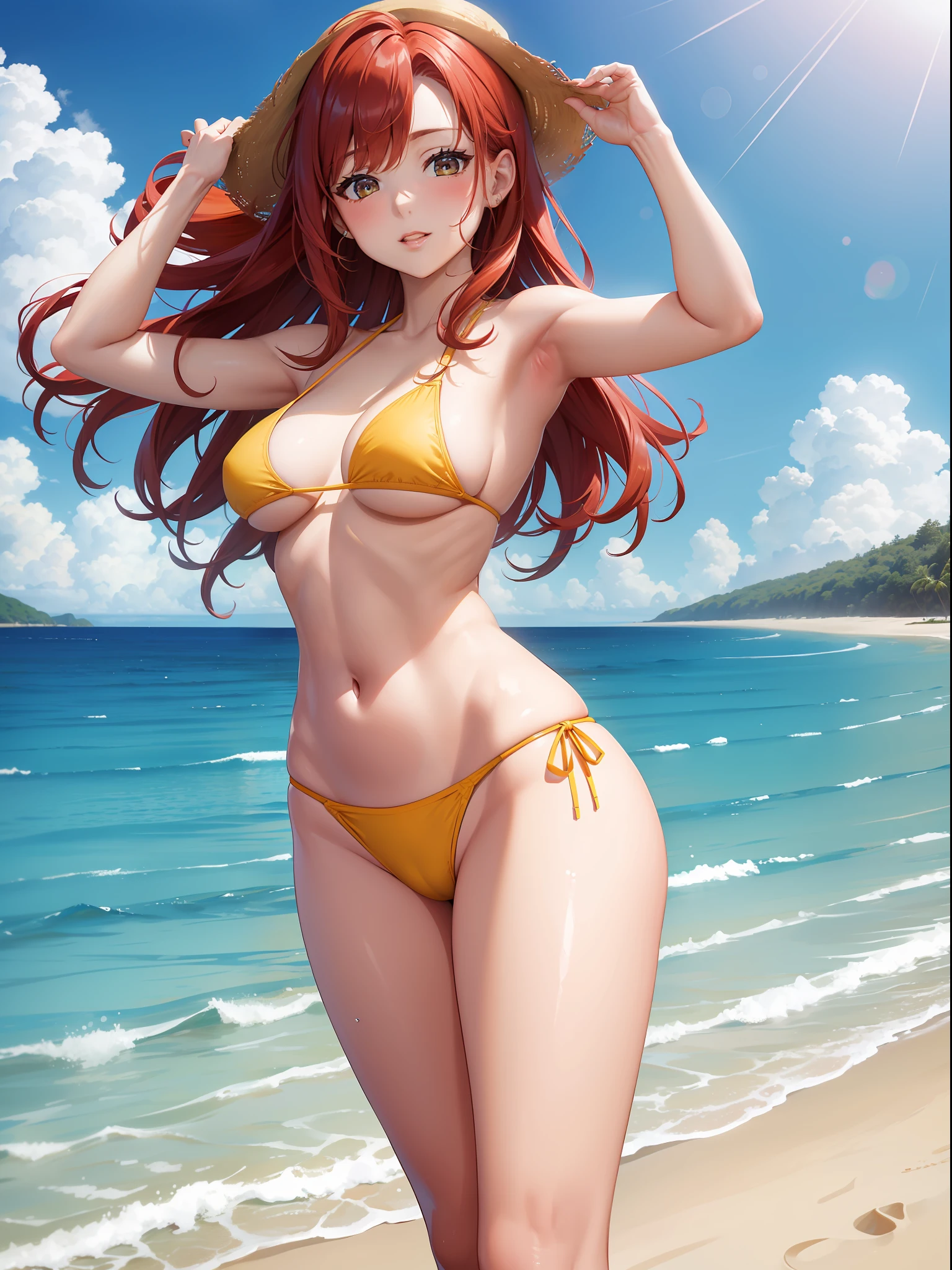 masterpiece, 4k, Beautiful redhaired woman detailed defined body in a yellow tiny bikini at a beach, medium breast, big butt, tiny waist, baywatch, sunny weather, waves