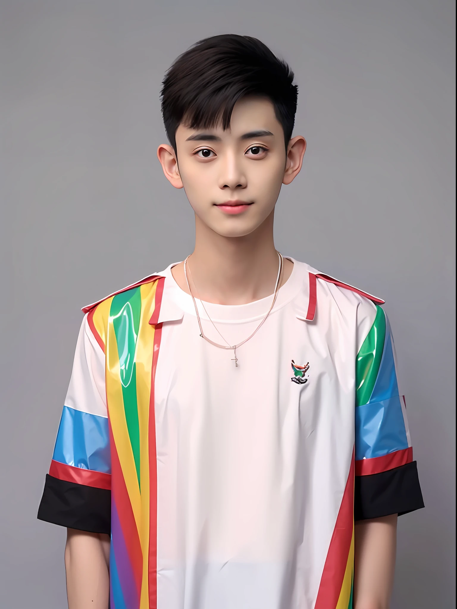 Chinese male student，Wearing a rainbow-colored PVC short-sleeved school uniform