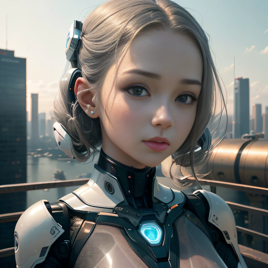 perfect female face、Ultra-realistic humanoid、Robot with human-like face and mechanical detailed body、8k picture、peaceful environment、futuristic city backdrop、Ultra-realistic robots with human-like physiognomy、Peaceful Robot、((​masterpiece、top-quality、))、dam、(Wetty:1.2)、girl with、Medium chest、(see -through:1.3)