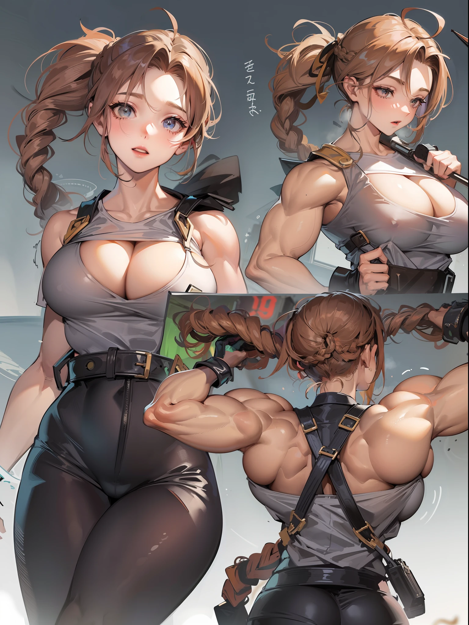 Artistic Female Detective、((Super huge breasts 999))、Ahoge、braid ponytail、Laugh、musculature、Muscular beauty、Physical beauty、Muscle Contest,