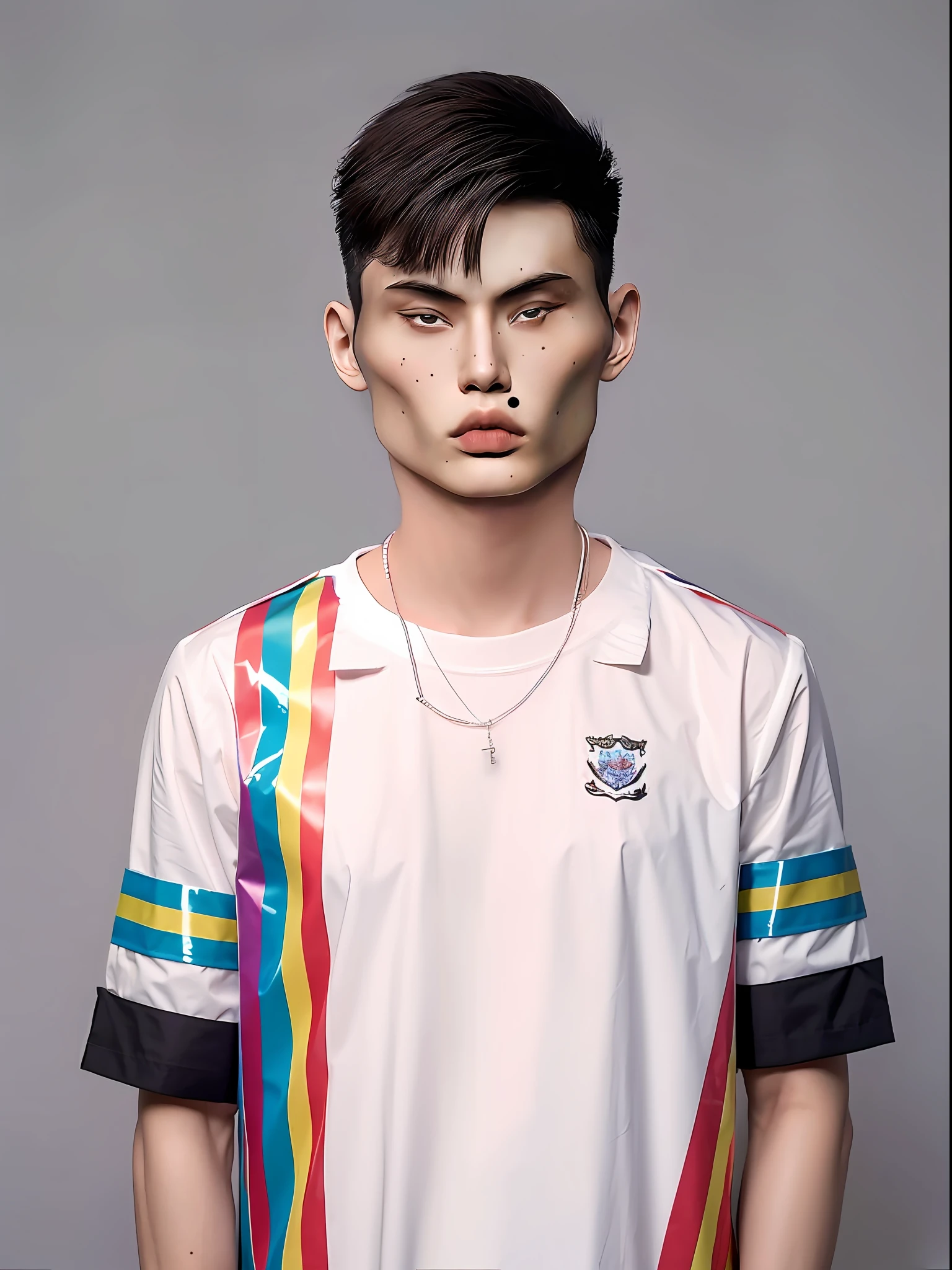 Chinese male student，Wears a rainbow-colored PVC short-sleeved school uniform