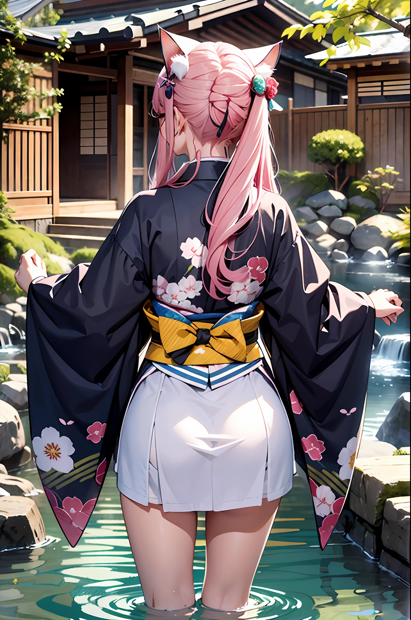 Cat's ears。Long pink hair。Back view of a girl in a kimono. Emphasize her buttocks.hot onsen