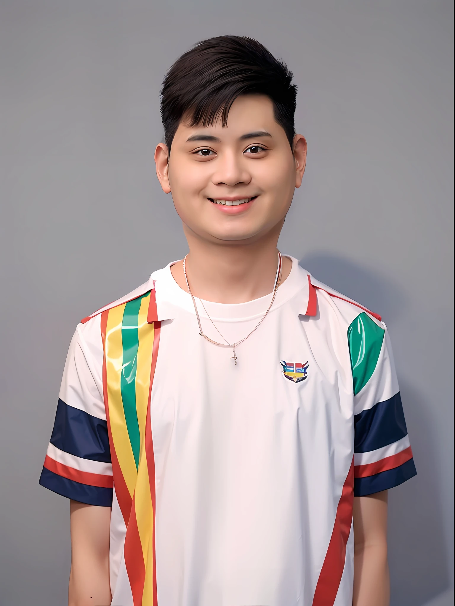 Chinese male student,Wears a rainbow-colored PVC short-sleeved school uniform