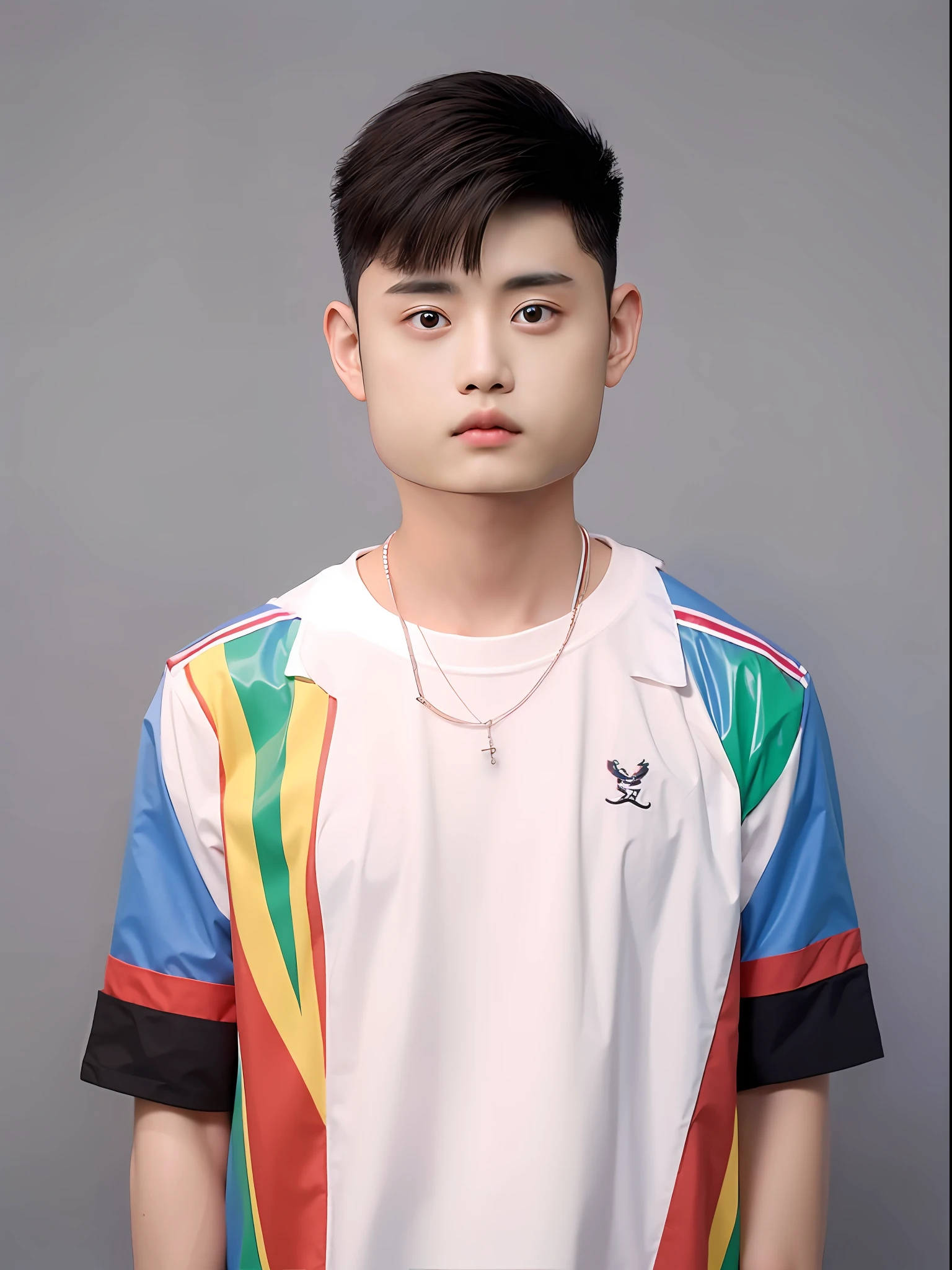 Chinese male student，Wears a rainbow-colored PVC short-sleeved school uniform