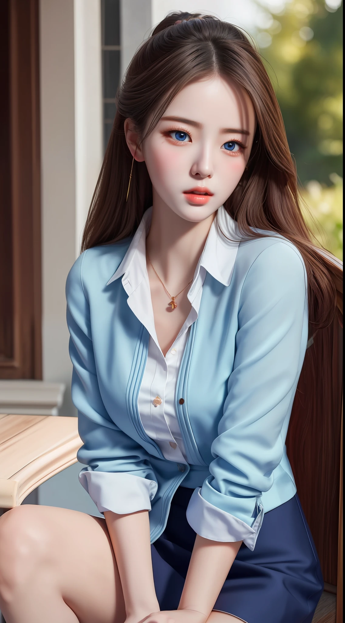 (hyperrealistic), (illustration), (high resolution), (8K), (extremely detailed), (best illustration), (beautiful detailed eyes), (best quality), (ultra-detailed), (masterpiece), (wallpaper), (photorealistic:1.4), (natural light), (rim lighting), (detailed face), high detailed realistic skin texture, anatomically correct, solo, 1 girl, (high detailed realistic long hair:1.25), ponytail contorted, (beautiful Rosy Zhao:1.5), (beautiful cute European girl:1.7), heterochromic eyes, (detailed blue eyes), small moles under the eyes, (big breasts:1.35), navy formal blazer, white shirt, black mini skirt, long legs, tight abs, dynamic pose,