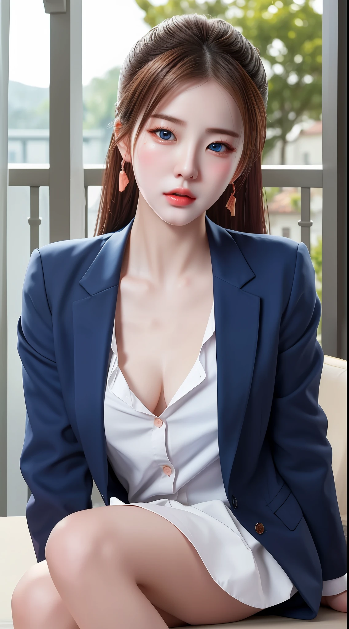 (hyperrealistic), (illustration), (high resolution), (8K), (extremely detailed), (best illustration), (beautiful detailed eyes), (best quality), (ultra-detailed), (masterpiece), (wallpaper), (photorealistic:1.4), (natural light), (rim lighting), (detailed face), high detailed realistic skin texture, anatomically correct, solo, 1 girl, (high detailed realistic long hair:1.25), ponytail contorted, (beautiful Rosy Zhao:1.5), (beautiful cute European girl:1.7), heterochromic eyes, (detailed blue eyes), small moles under the eyes, (big breasts:1.35), navy formal blazer, white shirt, black mini skirt, long legs, tight abs, dynamic pose,