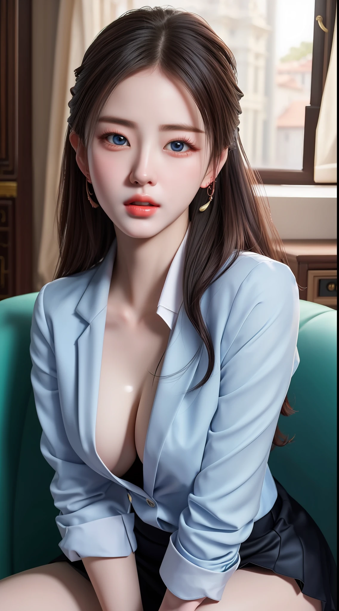 (hyperrealistic), (illustration), (high resolution), (8K), (extremely detailed), (best illustration), (beautiful detailed eyes), (best quality), (ultra-detailed), (masterpiece), (wallpaper), (photorealistic:1.4), (natural light), (rim lighting), (detailed face), high detailed realistic skin texture, anatomically correct, solo, 1 girl, (high detailed realistic long hair:1.25), ponytail contorted, (beautiful Rosy Zhao:1.5), (beautiful cute European girl:1.7), heterochromic eyes, (detailed blue eyes), small moles under the eyes, (big breasts:1.35), navy formal blazer, white shirt, black mini skirt, long legs, tight abs, dynamic pose,
