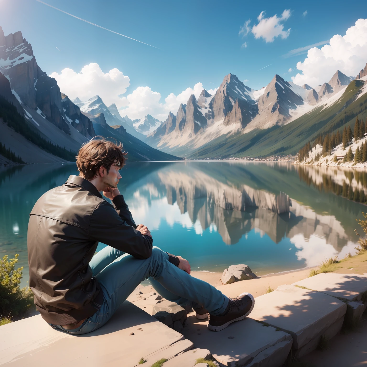 man, dressed, unrealistic, sitting, pensive, looking at the horizon (mountains and lake) and thinking