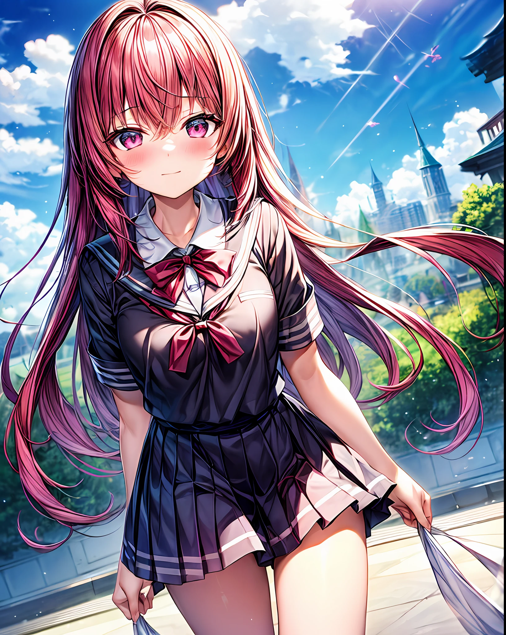 (masterpiece、top-quality)、1girl in、Long、dark pink hair、red blush、a purple eye、shairband、school_uniform、short_sleeves、bare_legs、a park、insight、cute face、rays of sunshine、be shy、is standing