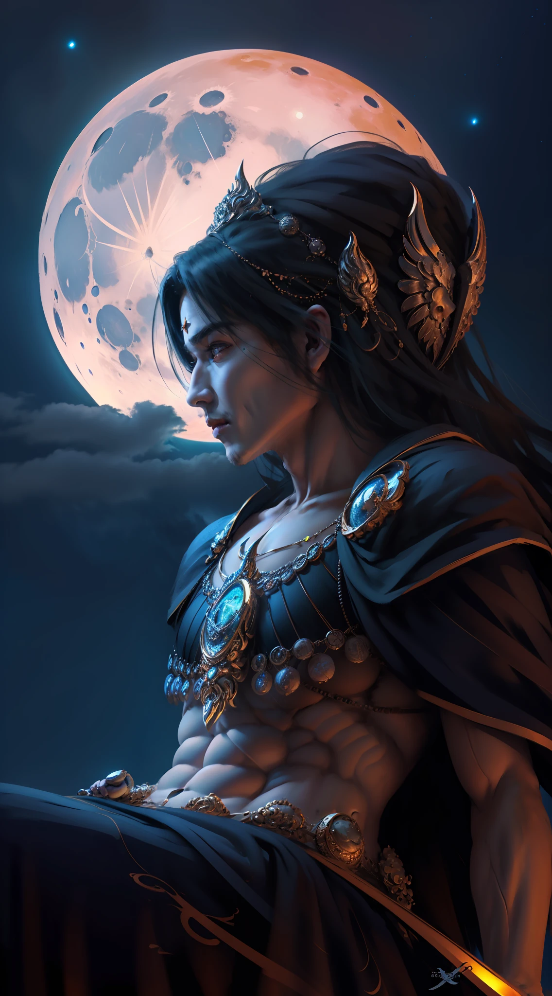 Moon god sitting of the moon  , handsome male , detailed face , light in the background , sky , universe , beautiful sky , northern lights in background, clear six pack abs of the handsome male