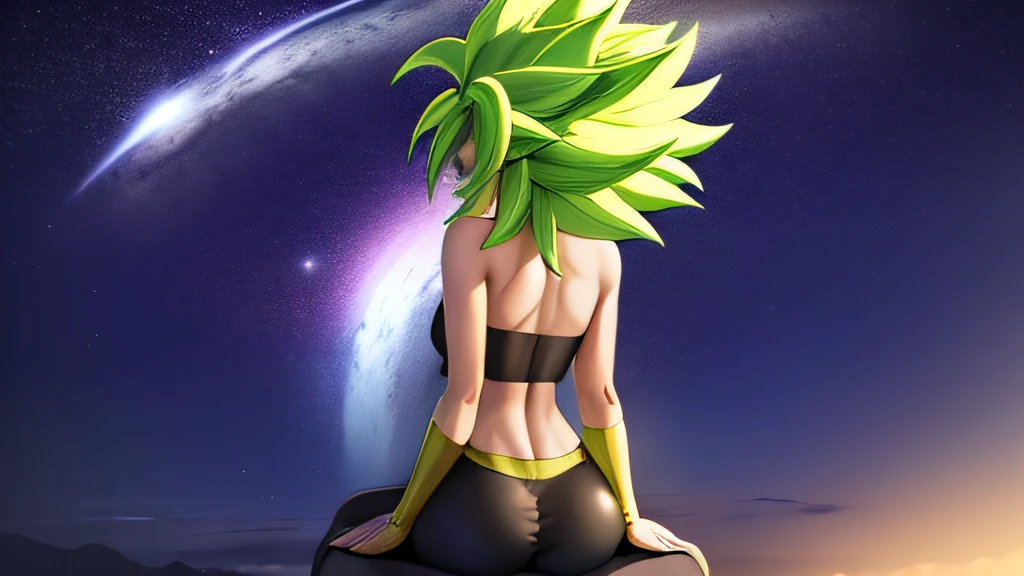 xyzkefla, super_Saiyajin, amarelo_Hair, verde_olho, 1girl, Cravado_Hair, energia, Rasgado_Clothes, joias, aura, Leggings, roupa vermelha, Dramatic, Penhasco, olhando para o espectador from behind, (foco de corpo inteiro), Focus from head to toe, Super detailed sky at night stars,