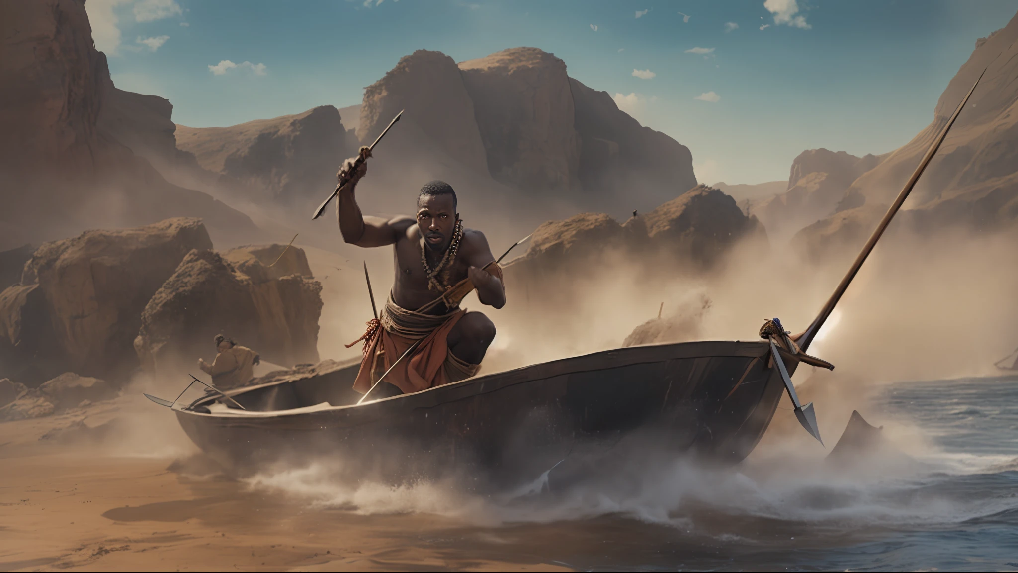 There is a man in a boat on the water with a spear, 8 k filme ainda, filme ainda 8K, cinematografia impressionante, high res 8k, epic 8k, epic 8 k, Epic 8K dinner, Arte 4K, estilo fantasia 8 k octane render, Efeitos visuais impressionantes, Guerreiro Maasai, 4k ainda, dramatic cinematic action shot