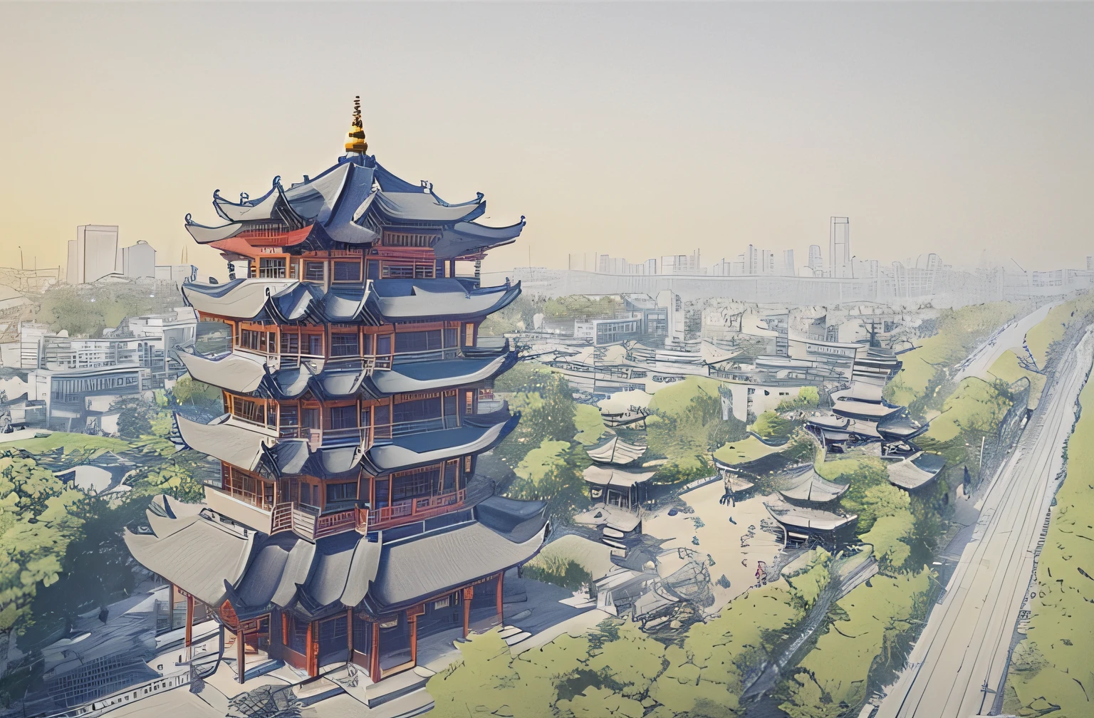 Arakis view of a pagoda in a city with a river as a background, Ancient Chinese architecture, guangjian, Chinese architecture, Wuhan Yellow Crane Tower，Line drawings，Line，White drawing，Black and white lines