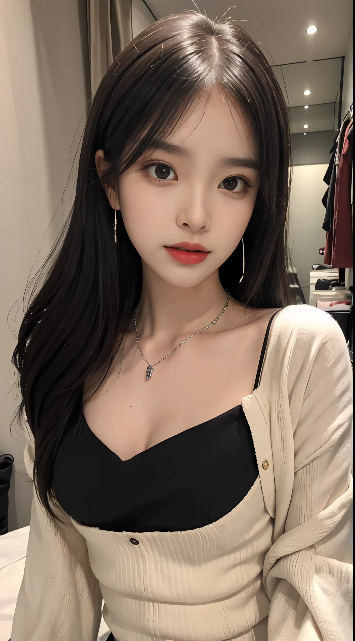 (tmasterpiece)，Best quality at best，8K分辨率，3D，A beautiful girl，Wear suspenders，With a necklace，There is a beauty mole under the corner of the left eye ，perfect body figure，((Beautiful detailed face))，(full bodyesbian:1.2)，Black color hair（Untidy），Delicate makeup，Redlip，Oily lips，long eyelasher，With silver earrings，Big bright eyes，eye shadows，Lying silkworm，cinmatic lighting，cute female child，Works of masters，high detal，The picture is colorful，Light and shadow details，Extremely delicate beautiful girl，Supple and fair skin，Exquisite facial features，s the perfect face，Stunning beauty，extremy detailed，Realistic details，face to the viewer，, sharp fokus:1.2, 1girll