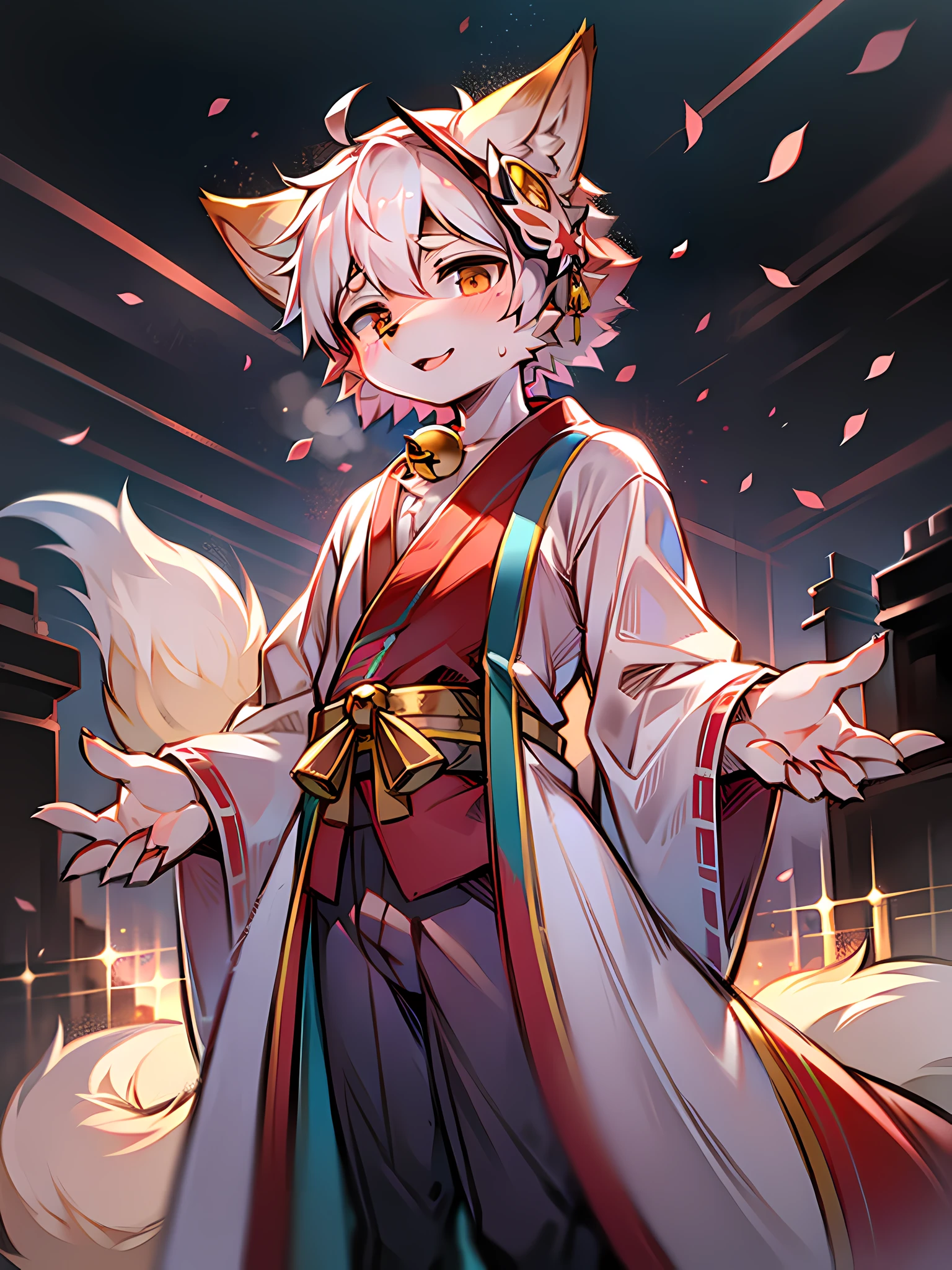 (ambiente dark:0.8),tmasterpiece,k hd,8K,Starry sky,Puppet Focus,detailedbackground,Soft lines,Starry sky reflection,the cherry trees,Shrines,altar,outside,skylines,Soft lighting,Fox Boy,male people,Shota,White fox,Neck villi,Nine tails,Treading water,Robe,Red and White Kimono,Kimono pants,bell,kitsune mask,Dance,delight