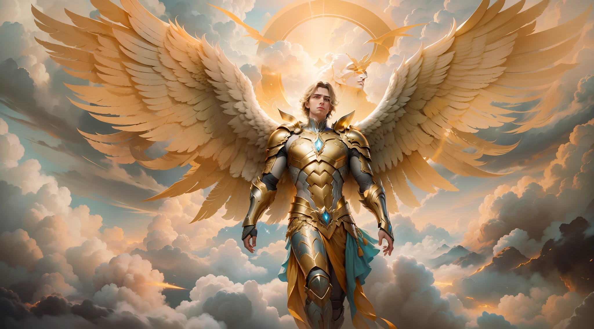 (papel de parede 8k extremamente detalhado), uma pintura realista de um Anjo (masculino) com rosto bem detalhado e perfeito, com armadura dourada em seu peito, with detailed wings amid the clouds in the sky with golden lights, intrincado, alto detalhe, Dramatic
