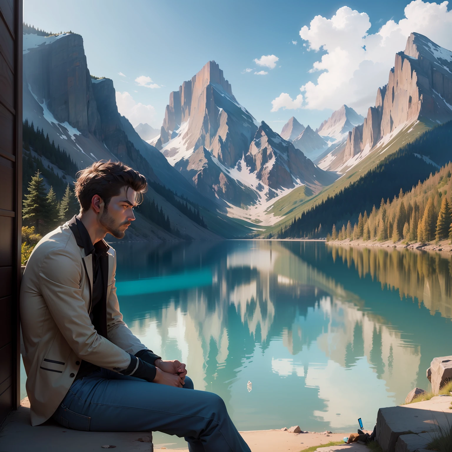 man, dressed, unrealistic, sitting, pensive, looking at the horizon (mountains and lake) and thinking, meditation