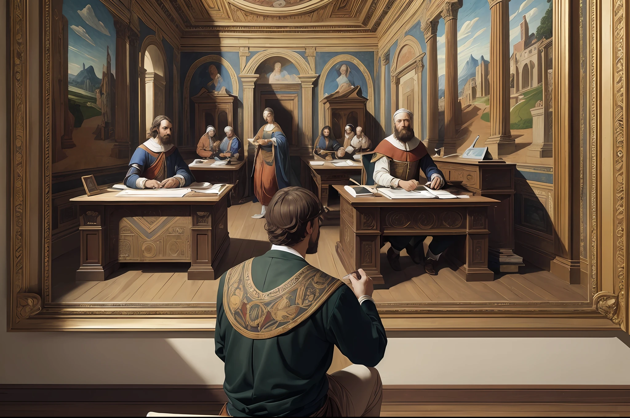 a picture of a painting of a man sitting at a desk in a room with a modern computer (intricate details, Masterpiece, best quality: 1.5) , renaissance mural, ultra detailed mural (intricate details, Masterpiece, best quality: 1.5), murals, wall painting, intricate mural, wall fresco painting, wall mural, historical painting, masterpiece work of art, mural art, renaissance style painting, academic painting, artwork roman mosaic, high - relief sculpture scene, large scale scene, high details, best quality, 8k, [ultra detailed], masterpiece, best quality, (extremely detailed), dynamic angle, ultra wide shot, photorealistic