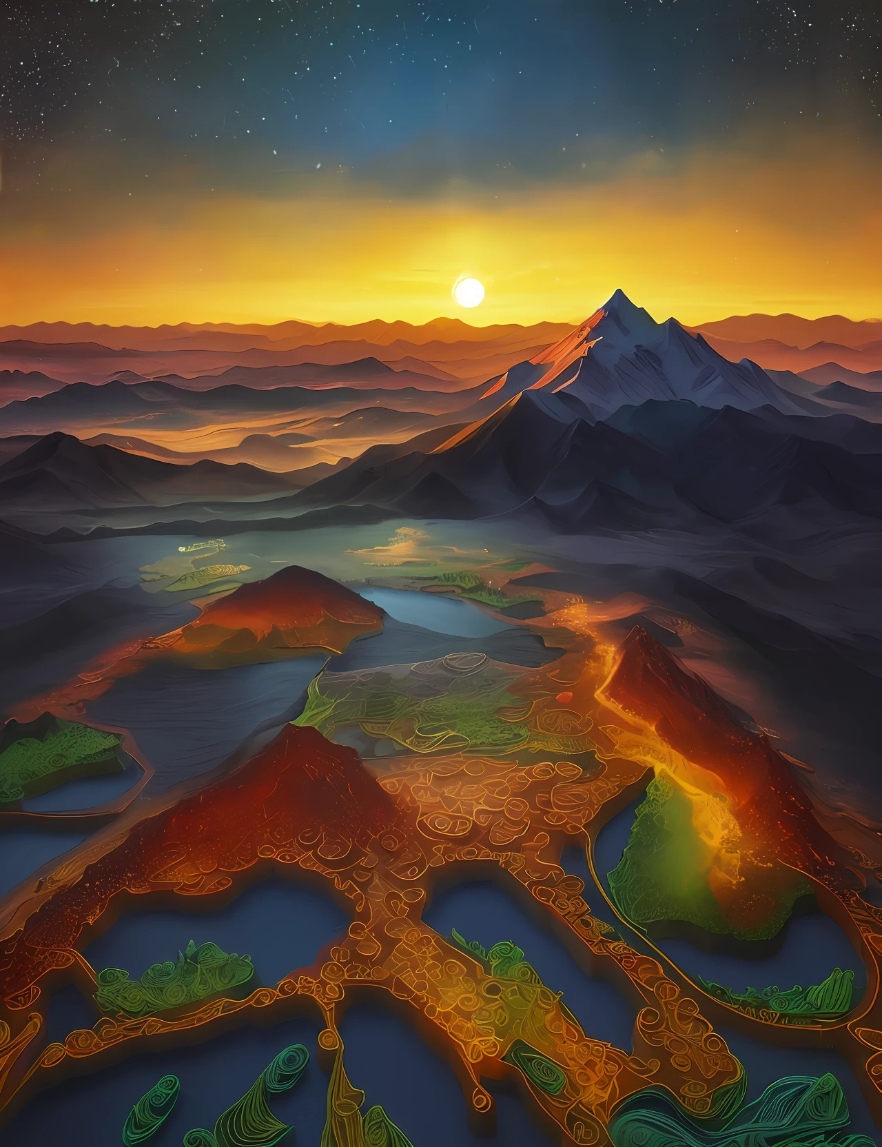 magical scenic Denali National Park filigree paper quilling landscape, paper art, paper illustration, Pointillism, Sunset, vast landscape, In the style of Vincent Van Gogh, hyperdetailed, beautiful lighting, volumetric lighting, fantasy, otherworldly, 8k