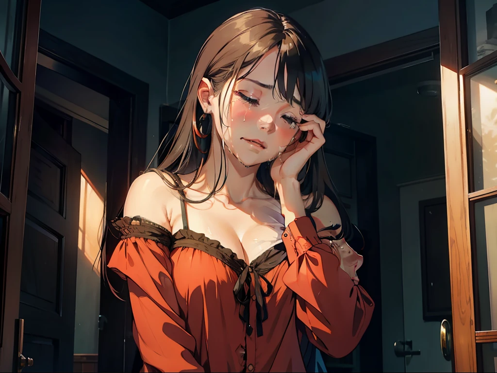 A beautiful woman crying at home