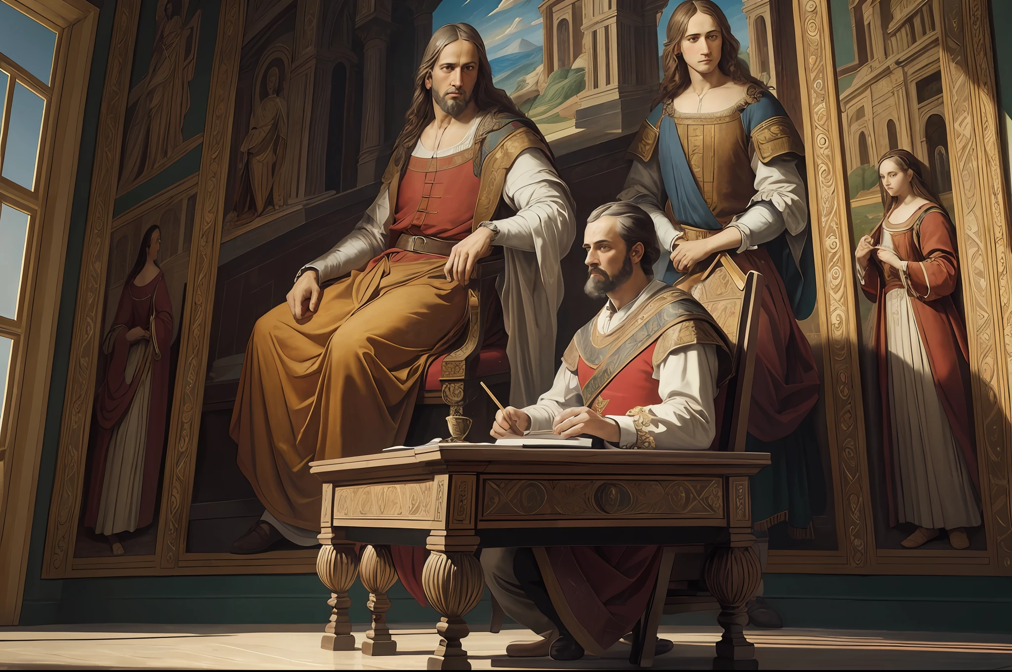 a picture of a painting of a man sitting at a desk in a room with a modern computer (intricate details, Masterpiece, best quality: 1.5) , renaissance mural, ultra detailed mural (intricate details, Masterpiece, best quality: 1.5), murals, wall painting, intricate mural, wall fresco painting, wall mural, historical painting, masterpiece work of art, mural art, renaissance style painting, academic painting, artwork roman mosaic, high - relief sculpture scene, large scale scene, high details, best quality, 8k, [ultra detailed], masterpiece, best quality, (extremely detailed), dynamic angle, ultra wide shot, photorealistic