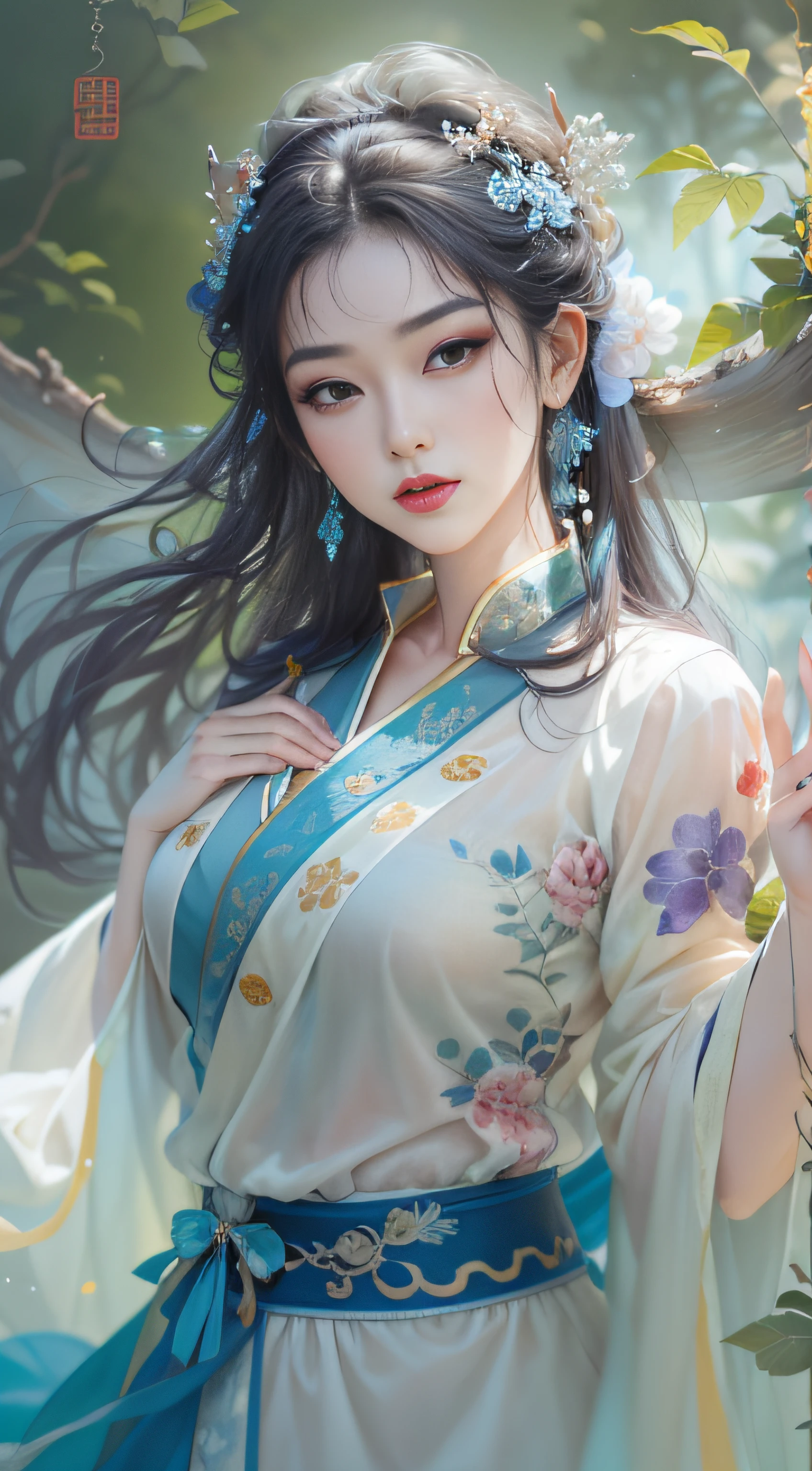 Longing woman posing for photo in blue and white dress, beautiful and seductive anime woman, a beautiful fantasy empress, Inspired by Fenghua Zhong, Beautiful character painting,，She's dancing，author：Qiu Ying, sensual painting, By Leng Mei, by Yang J, pinup art, Art germ. anime illustration, inspired by Chen Yifei, author：Chen Lin